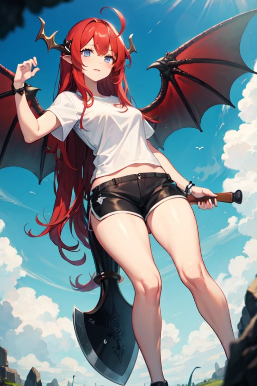 Female ,Red long hair , blue eyes ,dragon wings on lower back, white shirt,black shorts, thick legs , axe on back, blue sky , town market
