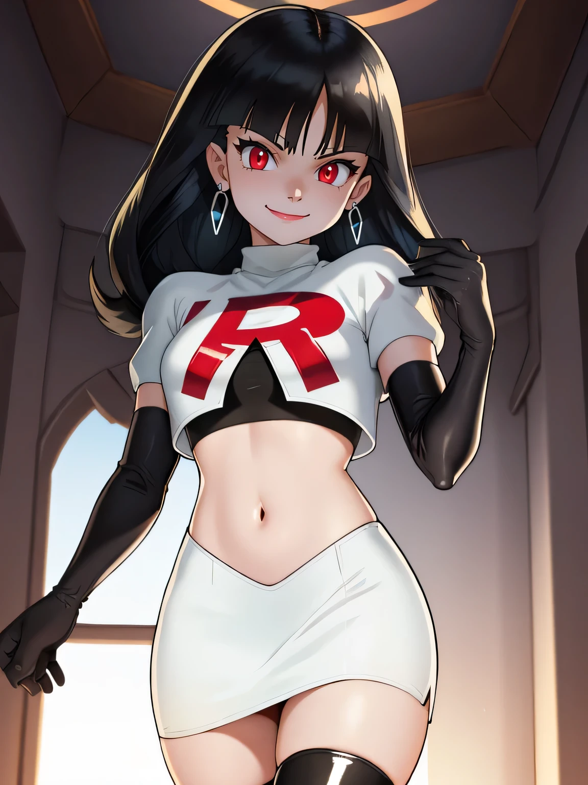 SabrinaPKMN, black hair ,glossy lips, earings ,team rocket uniform, red letter R, white skirt,white crop top,black thigh-high boots, black elbow gloves, closed mouth, evil smile, 