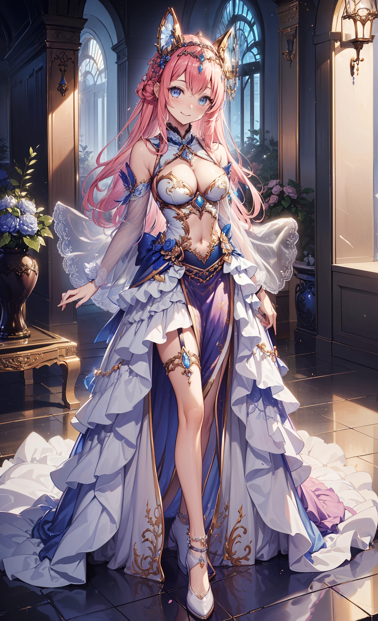 top quality、Top image quality、masterpiece、girl ((Over 20 years old、Medium bust to large bust、obsessed、tempting pose、breasts are small,long pink hair、charming figure、Grand canyon、Silver transparent skirt mixed with modern sexy clothing、ideal girlfriend for love,幻想世界的girl))high quality、beautiful art、background with((fantasy palace scene))、visual art、depth of field、Diamonds adorn clothes、Full body female love、tempting pose、Sexual innuendo、sexual teasing、lace、Transparent skirt、fluttering skirt,Repaint a delicate and beautiful face