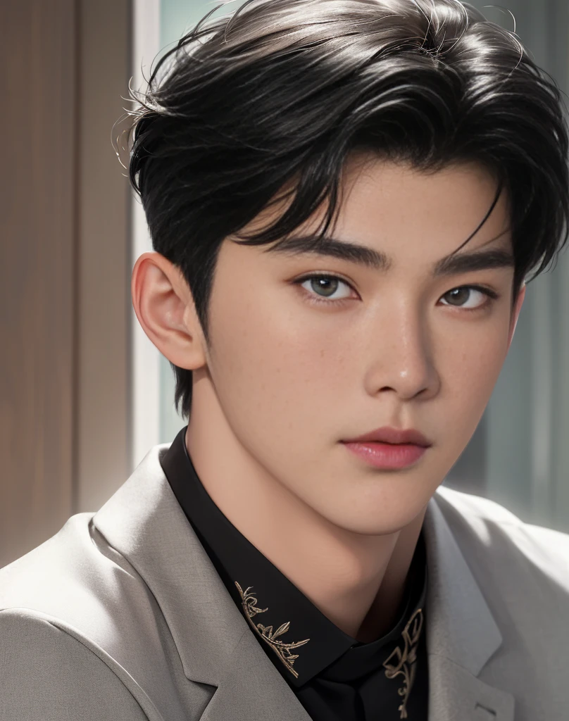 ((High quality)), ((masterpiece)), ((highly detailed)), perfect face, realistic, ((man)), ((Asian)), young, black hair, comma hair cut style, ((handsome)), detailed eyes, beautiful detailed nose, realistic body, realistic light, comfortable expressions, cute guy, sweat guy, cool guy