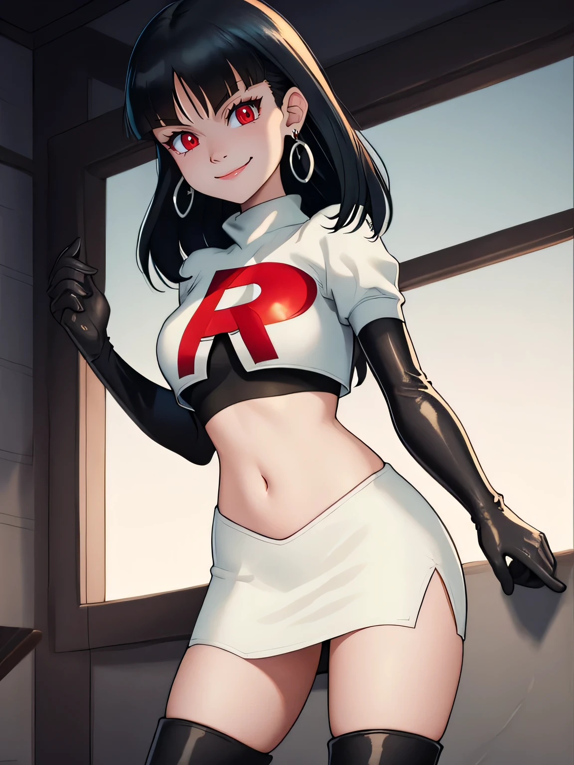 SabrinaPKMN, black hair ,glossy lips, earings ,team rocket uniform, red letter R, white skirt,white crop top,black thigh-high boots, black elbow gloves, closed mouth, evil smile, 