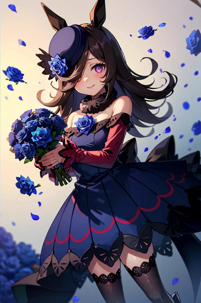 (table top.highest quality).(dynamic angle).1 girl.black haired.length.Umamimi girl.beautiful eyes.smile.(Holding a bouquet of blue roses:1.3)