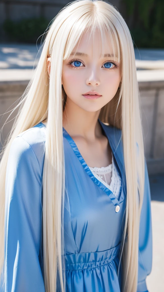 Portrait、Alice in Wonderland、The blue and wide sky、bright and beautiful face、Young, shiny, white, glossy skin、best beauty、Platinum blonde hair with dazzling highlights、thin hair、beautiful long back hair that is very straight,,,,、super long silky straight hair、Shining beautiful bangs、Glowing crystal clear big blue eyes、very big eyes、very beautiful lovely 16 year old beautiful girl、white apron、Blue Dress、cheek gloss highlight