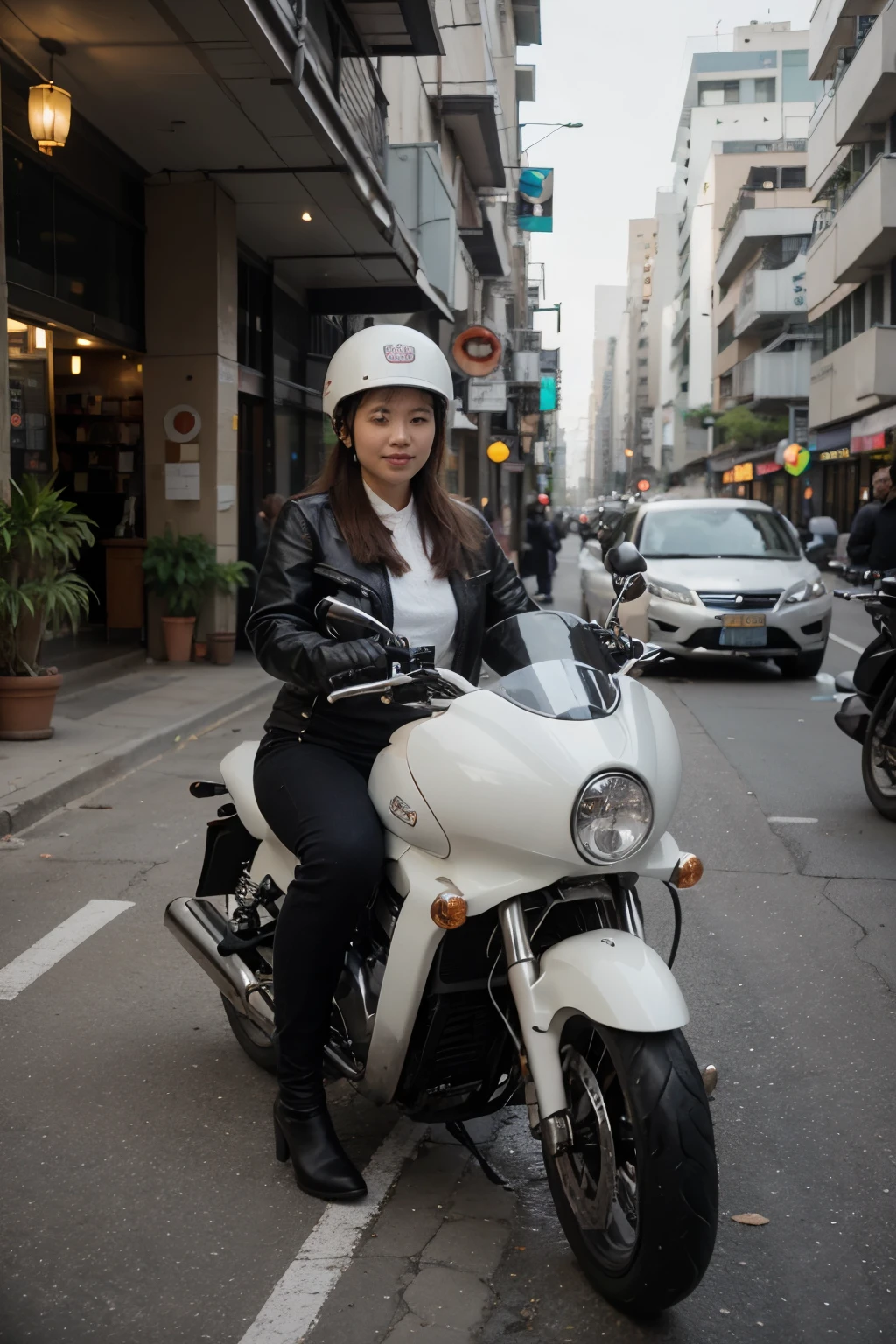 a beautiful Thai-Korean woman wearing a white helmet shaped like an electric rice cooker and riding a motorcycle