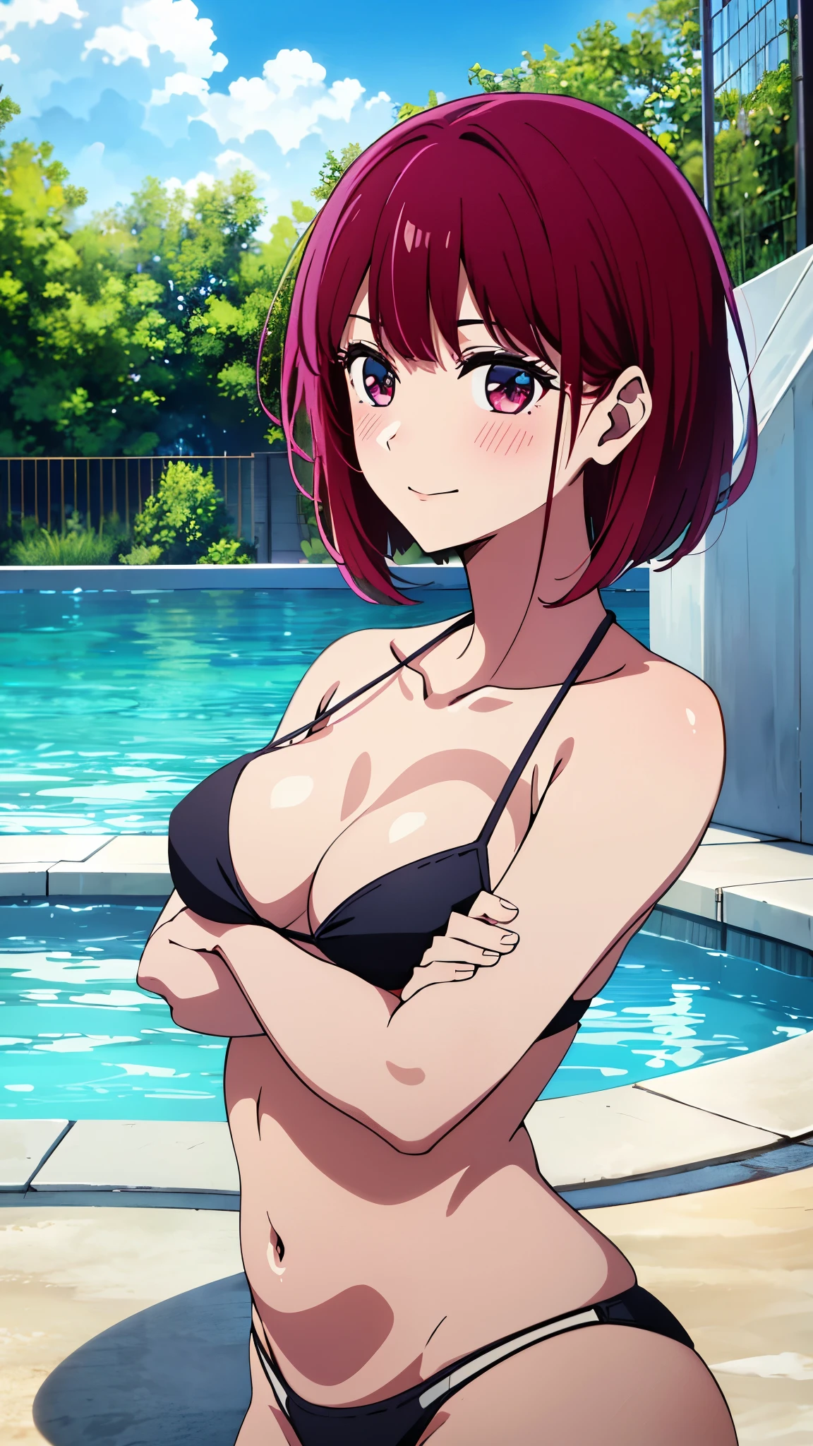 (highest quality:1.4), 8K resolution, Ultra HD, (High resolution:1.4), cinematic light, 1 girl, embarrassed face, very fine eyes,small breasts、white skin,bikini,  outdoor, swimming pool, Clear blue sky,blush、(looking at the viewer)、model pose、forced smile、cowboy shot、short hair、red hair、(highly detailed eyes)