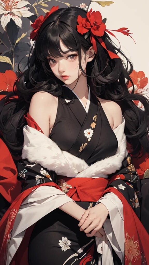((Highly detailed CG unit 8k wallpaper, masterpiece, High resolution, highest quality, highest qualityのリアルテクスチャスキン)), ((very beautiful woman, Nana Komatsu, Posing like a model:1.5, plump lips, Japanese pattern kimono)), (messy black hair, white skin, small breasts), ((and handle background, Colorful background with geometric patterns, cool color)), Sumi-e, hyper realistic, digital painting, concept art,