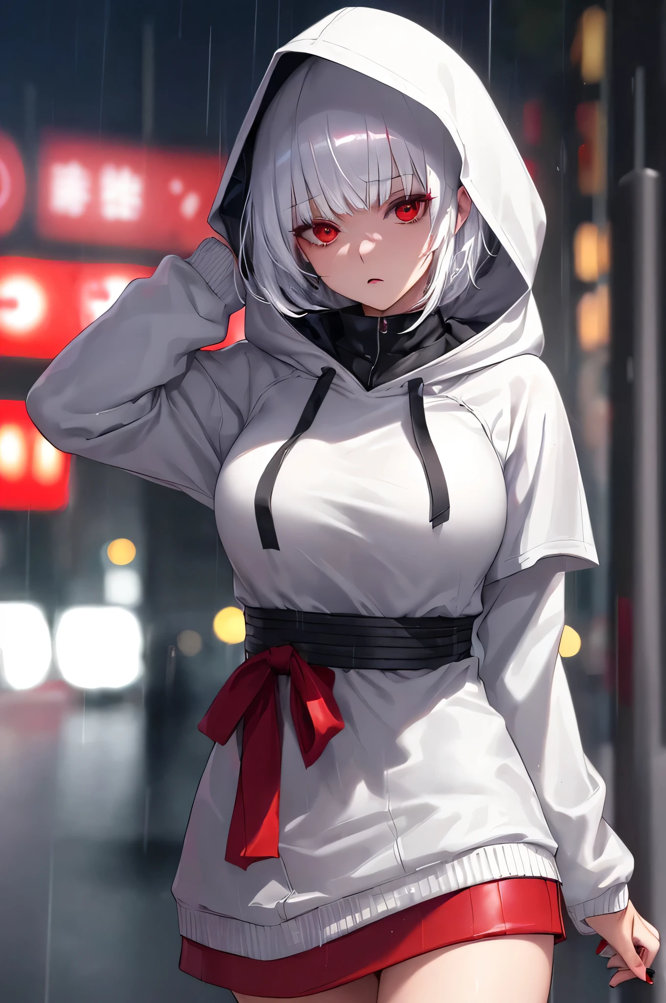 1 Girl, medium breasts, using headscarf, islamic V5, standing, in city,closed white clothes, blush, perfect hand, perfect fingers, perfect eyes, ultra resolution, full image, pink heart shaped eyes, white hair, five fingers