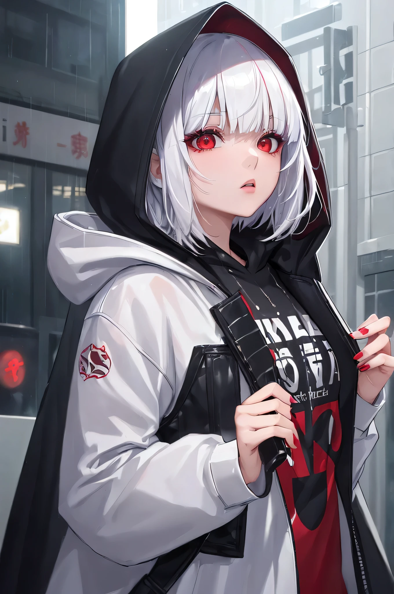 kk, best quality, more details, masterpiece, 1 girl, Kaneki Research Institute, portrait, female focus, red eyes, alone, Bangs, looking at the audience, hood, short hair, rain, tokyo tokyo \(City\), hood up, nail polish, white hair, luxurious, 8k, detailed, Ray tracing, depth of field, Cinema lighting,