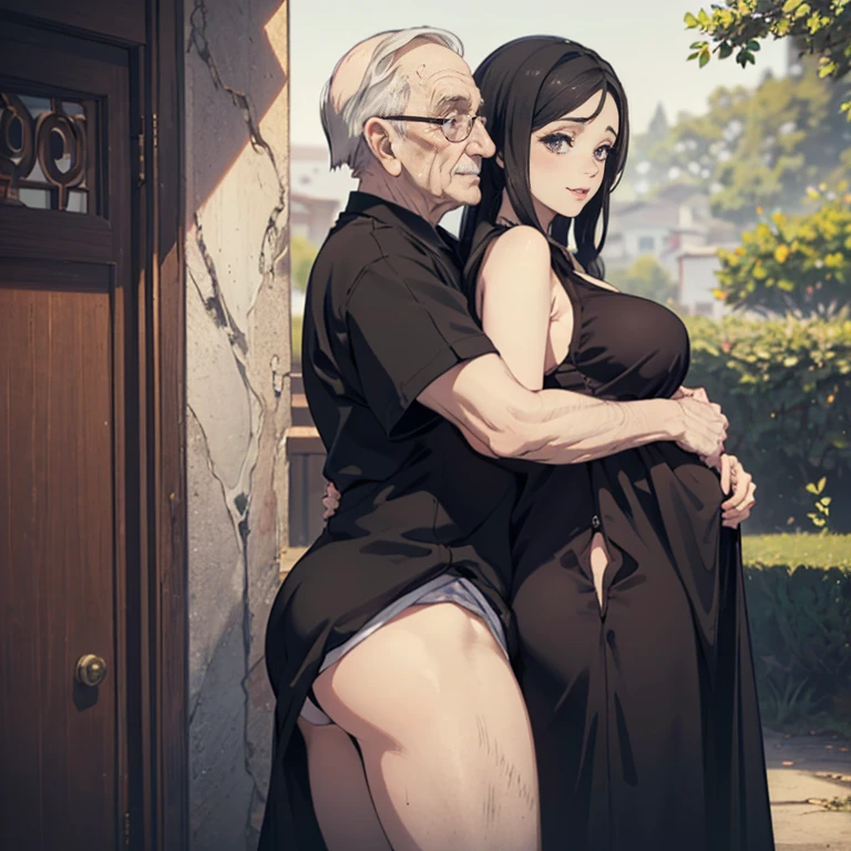 (((Beautiful woman with a big sexy ass hugging a 90 year old man))), mulher de vestido sexy, sala mobiliada, (((90 year old man hugging a woman))), corpo inteiro, olhos azuis