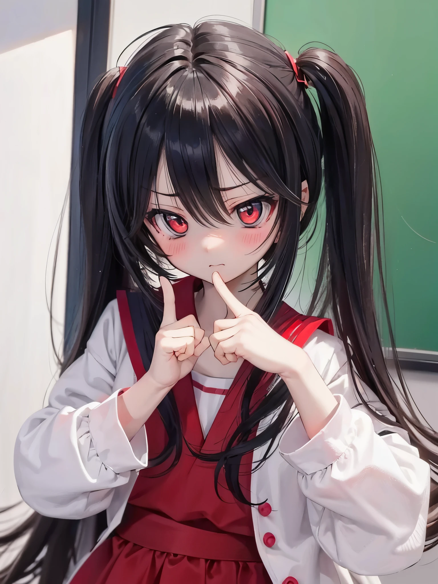 male, messy black hair, bright red eyes, eyes narrowed, mouth slightly open, blushing, annoyed expression, anime boy, wearing Japanese school uniform, classroom setting, daytime.