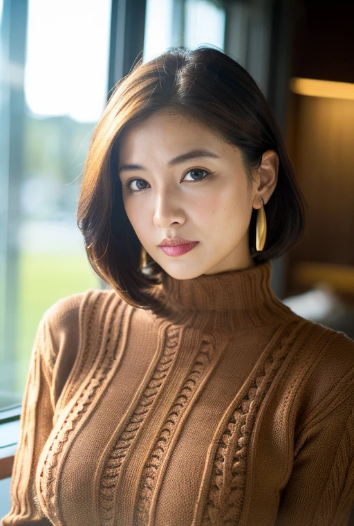 ((highest quality、8K、masterpiece:1.3))、sharp focus:1.2、完璧なスタイルのbeautiful女性:1.4、slender abs:1.2、((light brown hair、huge boobs:1.6))、(Natural light、the way:1.1)、Highly detailed face and skin texture、detailed eyes、Detailed double eyelids、beautifulおっぱい、big boobs、big breasts、beautiful body、beautiful、highly detailed hands、earrings、turtleneck、Skinny Denim、Wearing black knitwear、Moe sleeves、