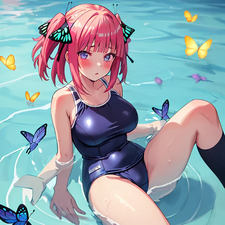 best quality, very aesthetic, Super detailed, best illustration, 1girl, おっぱい, school swim suit, kneehighs, bangs, pink_hair, blunt_bangs, hair_ornament, butterfly_hair_ornament