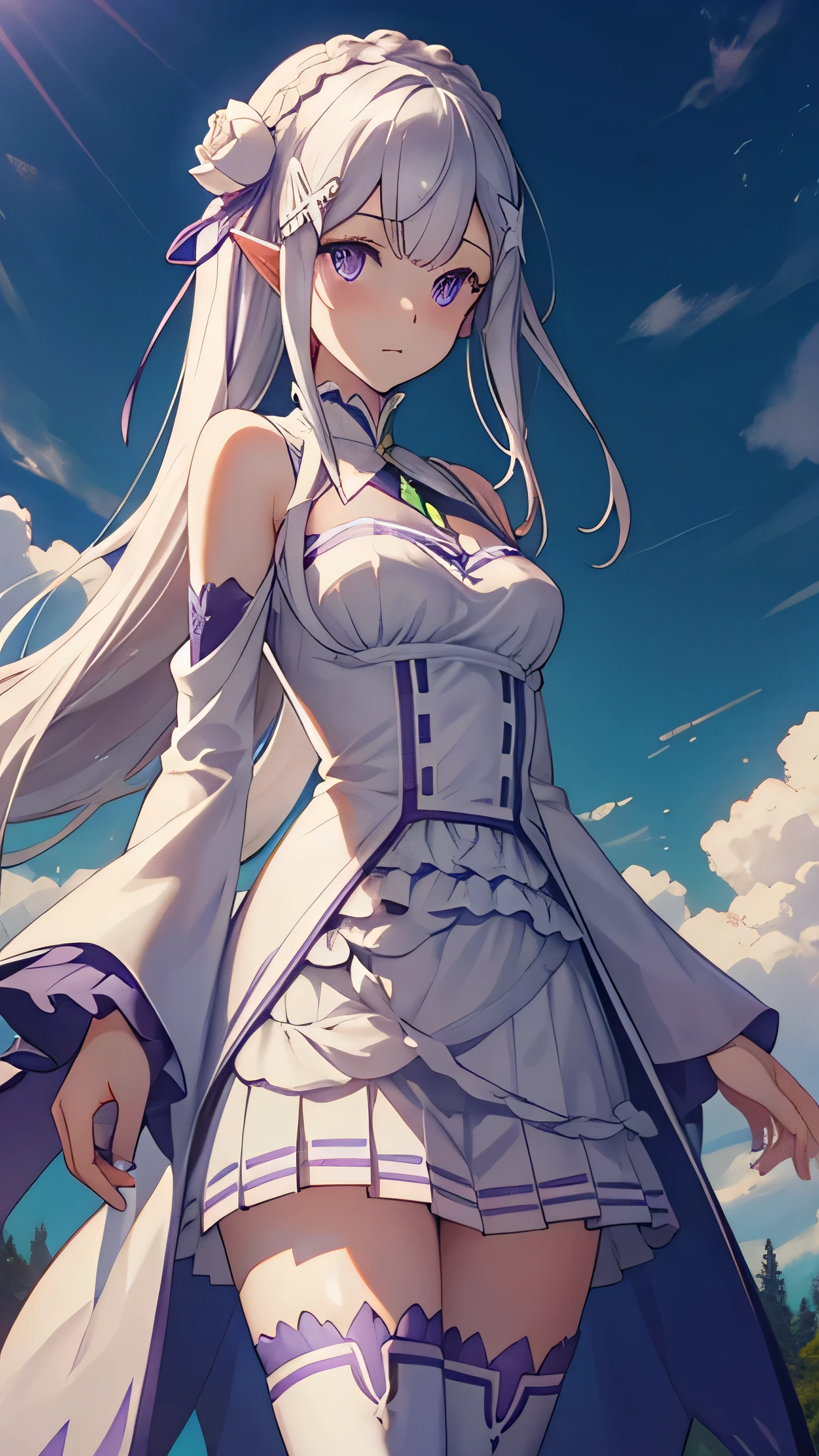 rezeroemilia, emilia, braid, crown braid, flower, hair flower, hair ornament, hair ribbon, long hair, pointy ears, (purple eyes:1.2), white hair, x hair ornament,
BREAK detached collar, detached sleeves, frilled sleeves, frills, long sleeves, miniskirt, pleated skirt, ribbon, skirt, thighhighs, white skirt, white sleeves, white thighhighs, wide sleeves, zettai ryouiki,
BREAK outdoors, city,
BREAK looking at viewer, BREAK (masterpiece:1.2), best quality, high resolution, unity 8k wallpaper, (illustration:0.8), (beautiful detailed eyes:1.6), extremely detailed face, perfect lighting, extremely detailed CG, (perfect hands, perfect anatomy),