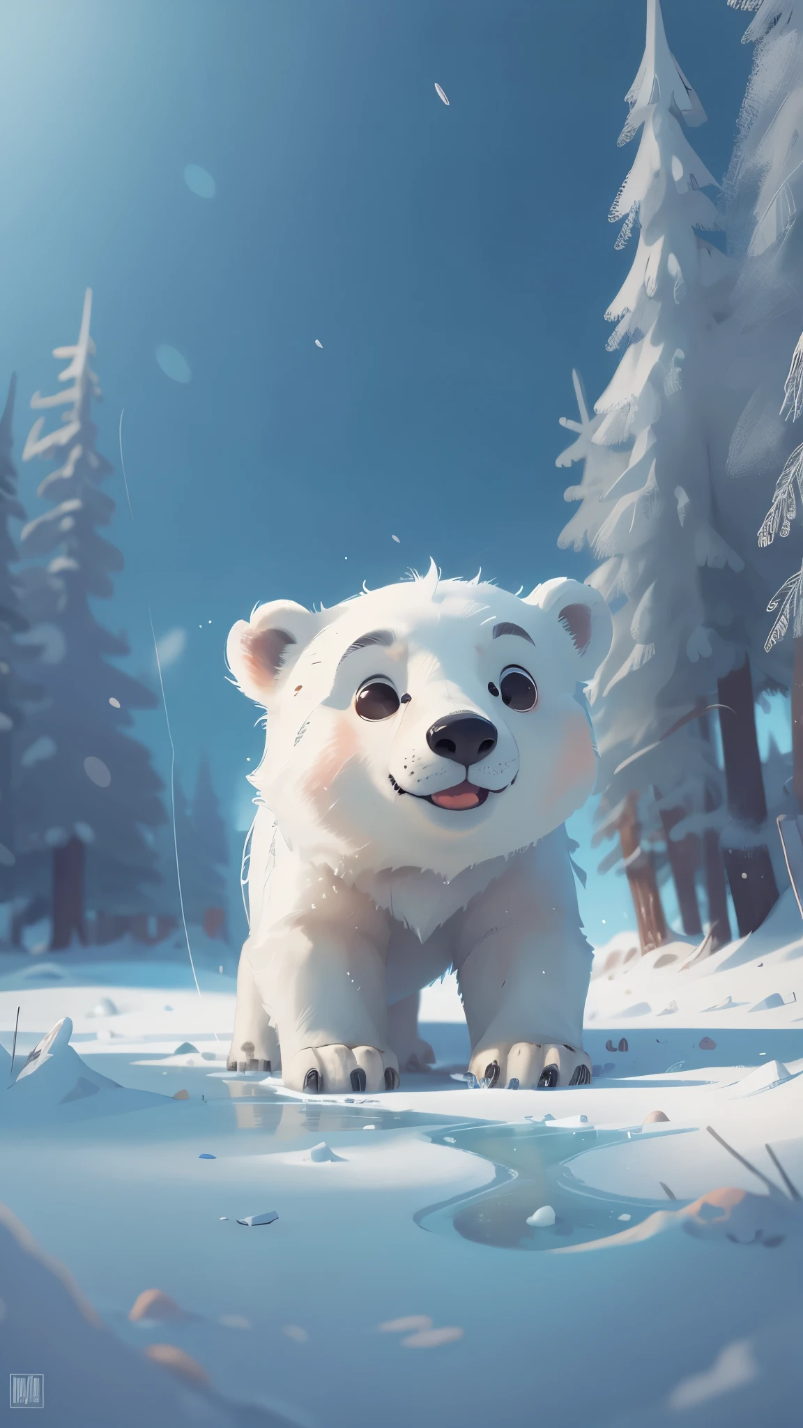 On the Arctic ice sheet,Cute polar bear,Play in the snow,play with partners,front view,close up, Pixar style, best quality, stills, very cute, big eyes, ,, Very happy,high details, high quality, masterpiece, ccurate, super detail,