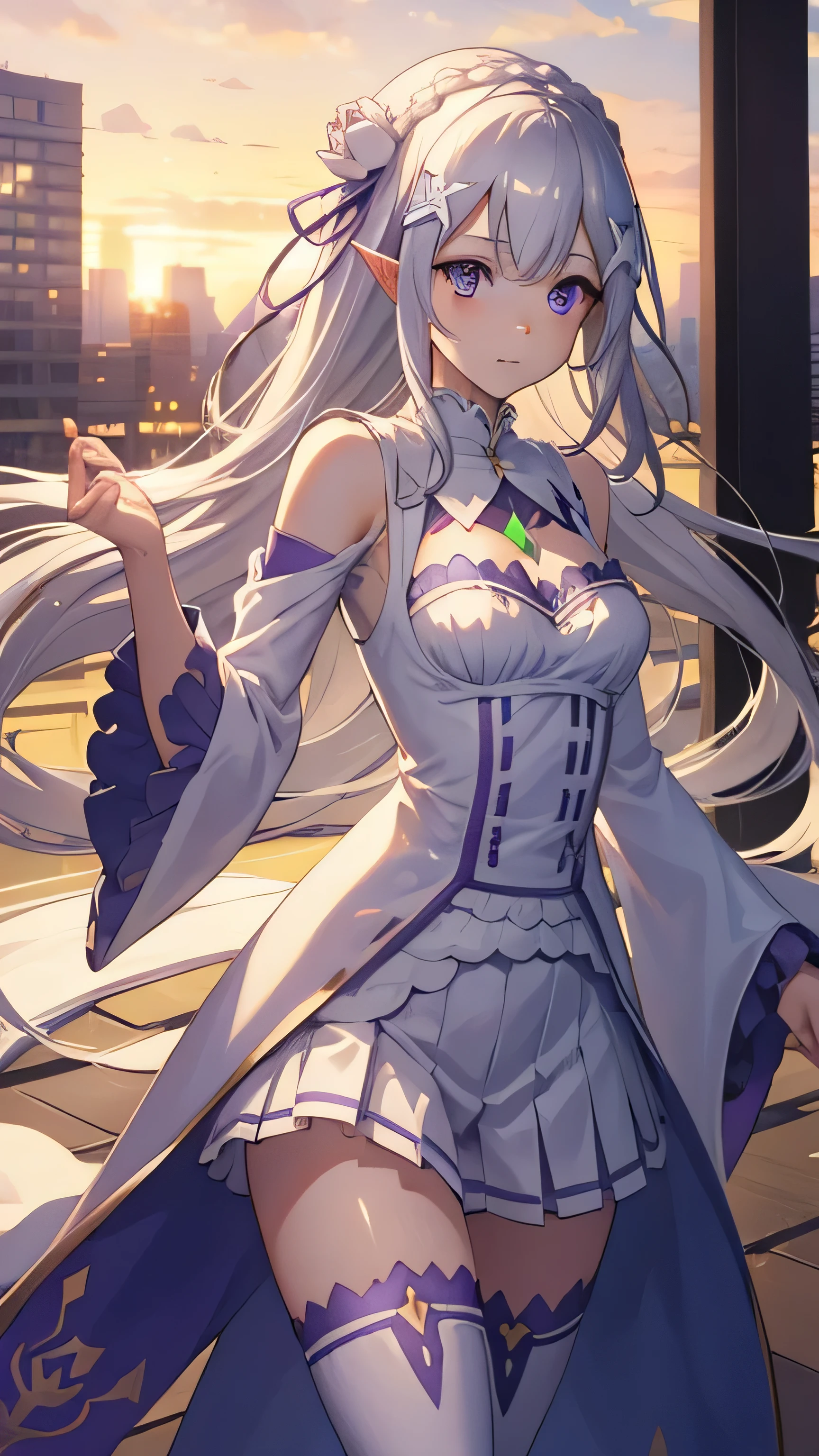 rezeroemilia, emilia, braid, crown braid, flower, hair flower, hair ornament, hair ribbon, long hair, pointy ears, (purple eyes:1.2), white hair, x hair ornament,
BREAK detached collar, detached sleeves, frilled sleeves, frills, long sleeves, miniskirt, pleated skirt, ribbon, skirt, thighhighs, white skirt, white sleeves, white thighhighs, wide sleeves, zettai ryouiki,
BREAK outdoors, city,
BREAK looking at viewer, BREAK (masterpiece:1.2), best quality, high resolution, unity 8k wallpaper, (illustration:0.8), (beautiful detailed eyes:1.6), extremely detailed face, perfect lighting, extremely detailed CG, (perfect hands, perfect anatomy),