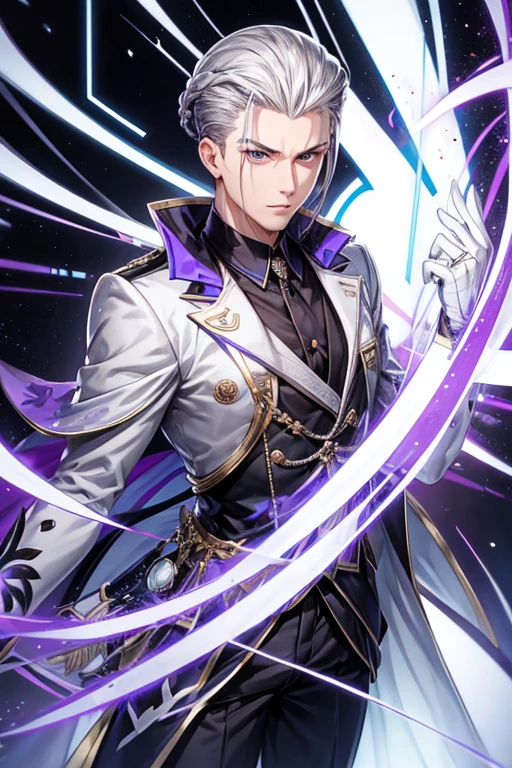 hair style with all hair slicked back、odd eye、silver hair all back、male、hair is long to the shoulders、odd eye、maleの左目赤色、male右目青、Purple coat、increase wide angle、clear eyes、