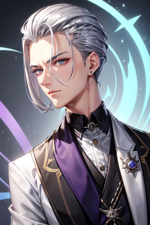 hair style with all hair slicked back、odd eye、silver hair all back、male、hair is long to the shoulders、odd eye、maleの左目赤色、male右目青、Purple coat、increase wide angle、clear eyes、