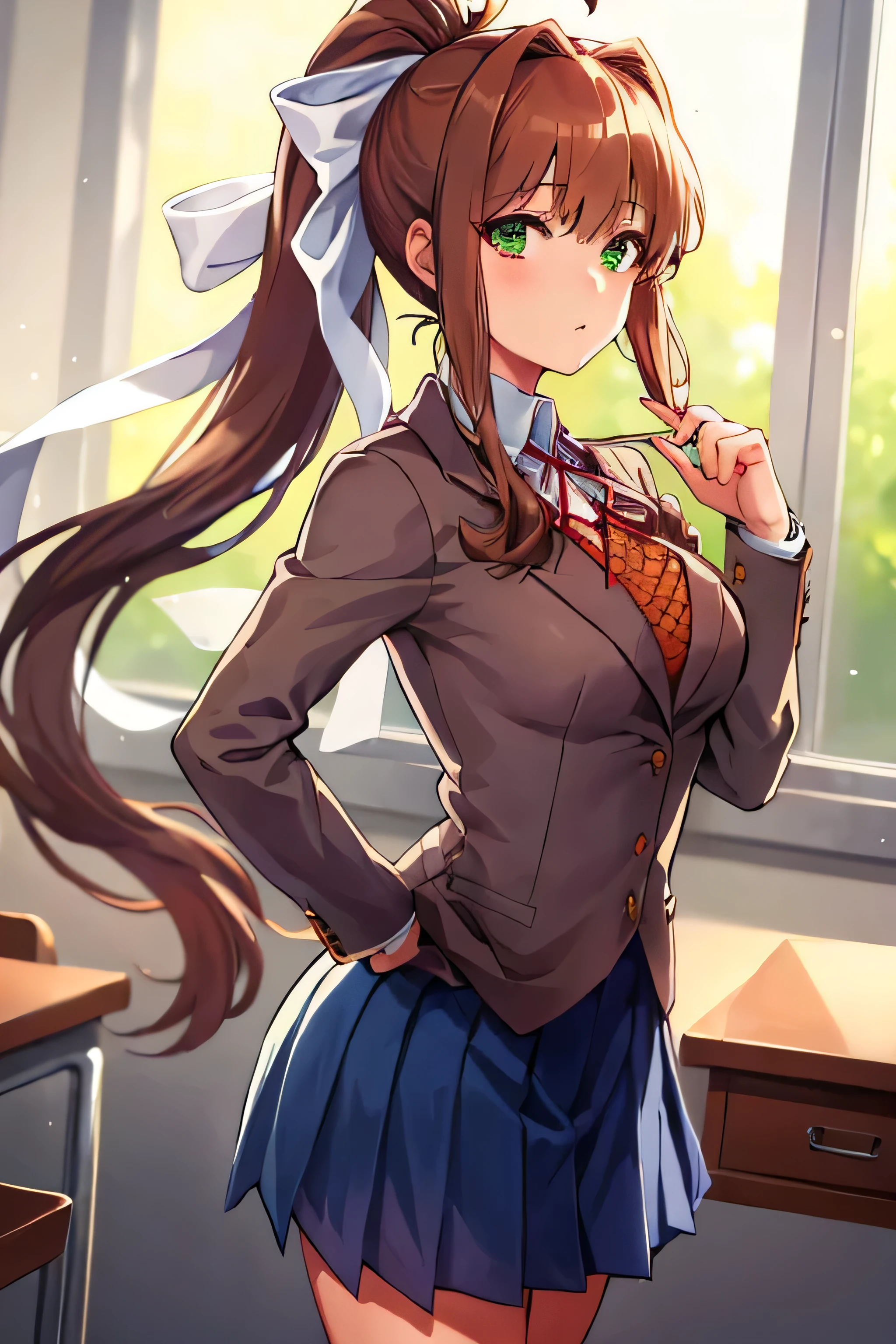 masterpiece, best quality, anime, highly detailed, 1girl, solo, school uniform, standing, classroom, monika, green eyes, brown hair, very long hair, ponytail, hair ribbon, white ribbon,  