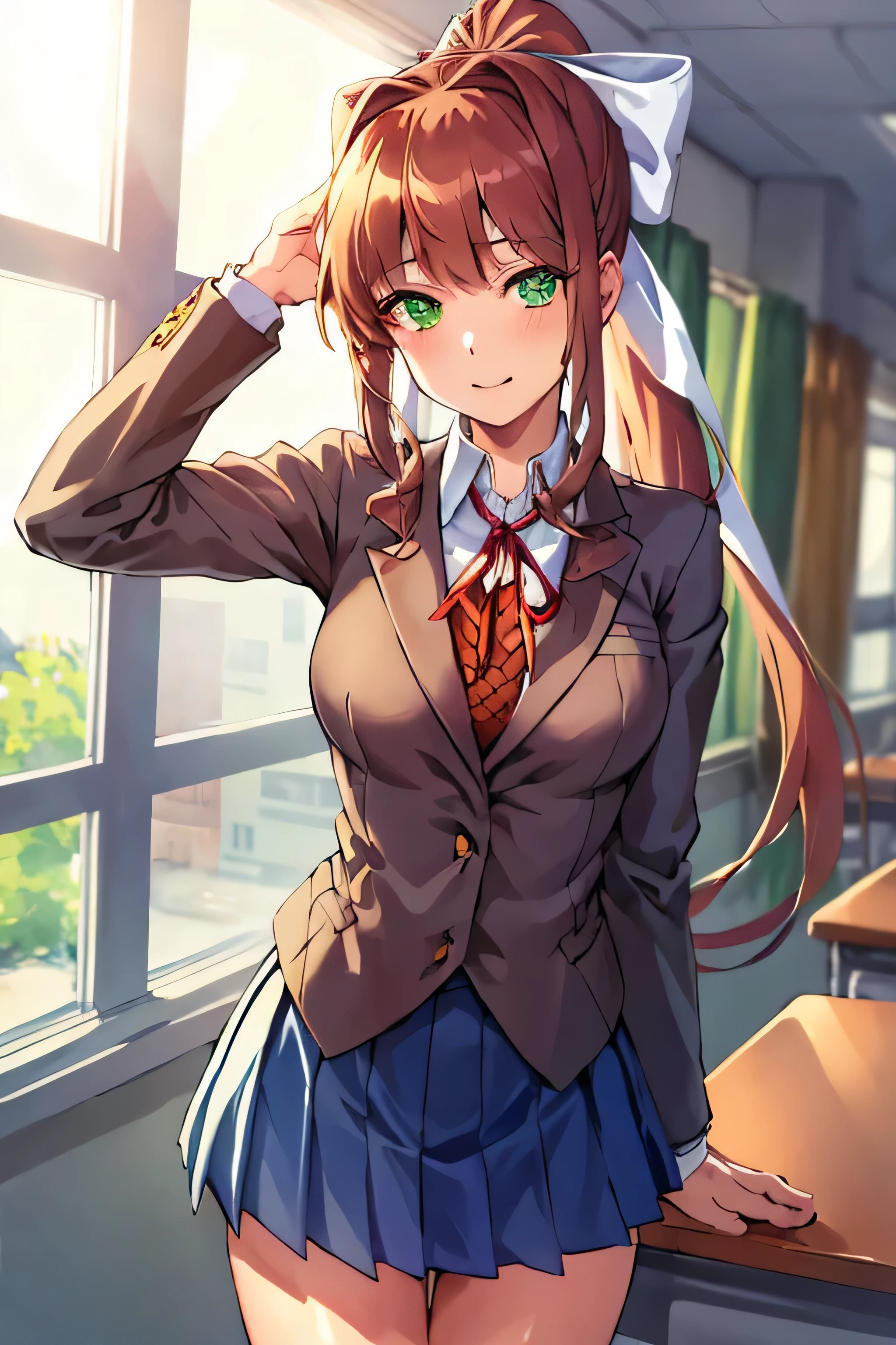 masterpiece, best quality, anime, highly detailed, 1girl, solo, , standing, classroom, monika, green eyes, brown hair, very long hair, ponytail, hair ribbon, white ribbon,