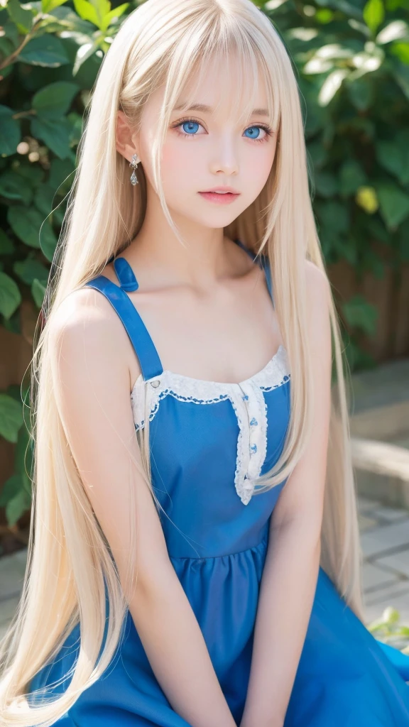 Portrait、Alice in Wonderland、The blue and wide sky、bright and beautiful face、Young, shiny, white, glossy skin、best beauty、Platinum blonde hair with dazzling highlights、thin hair、beautiful long back hair that is very straight,,,,、super long silky straight hair、Shining beautiful bangs、Glowing crystal clear big blue eyes、very big eyes、very beautiful lovely 16 year old beautiful girl、white apron、Blue Dress、cheek gloss highlight