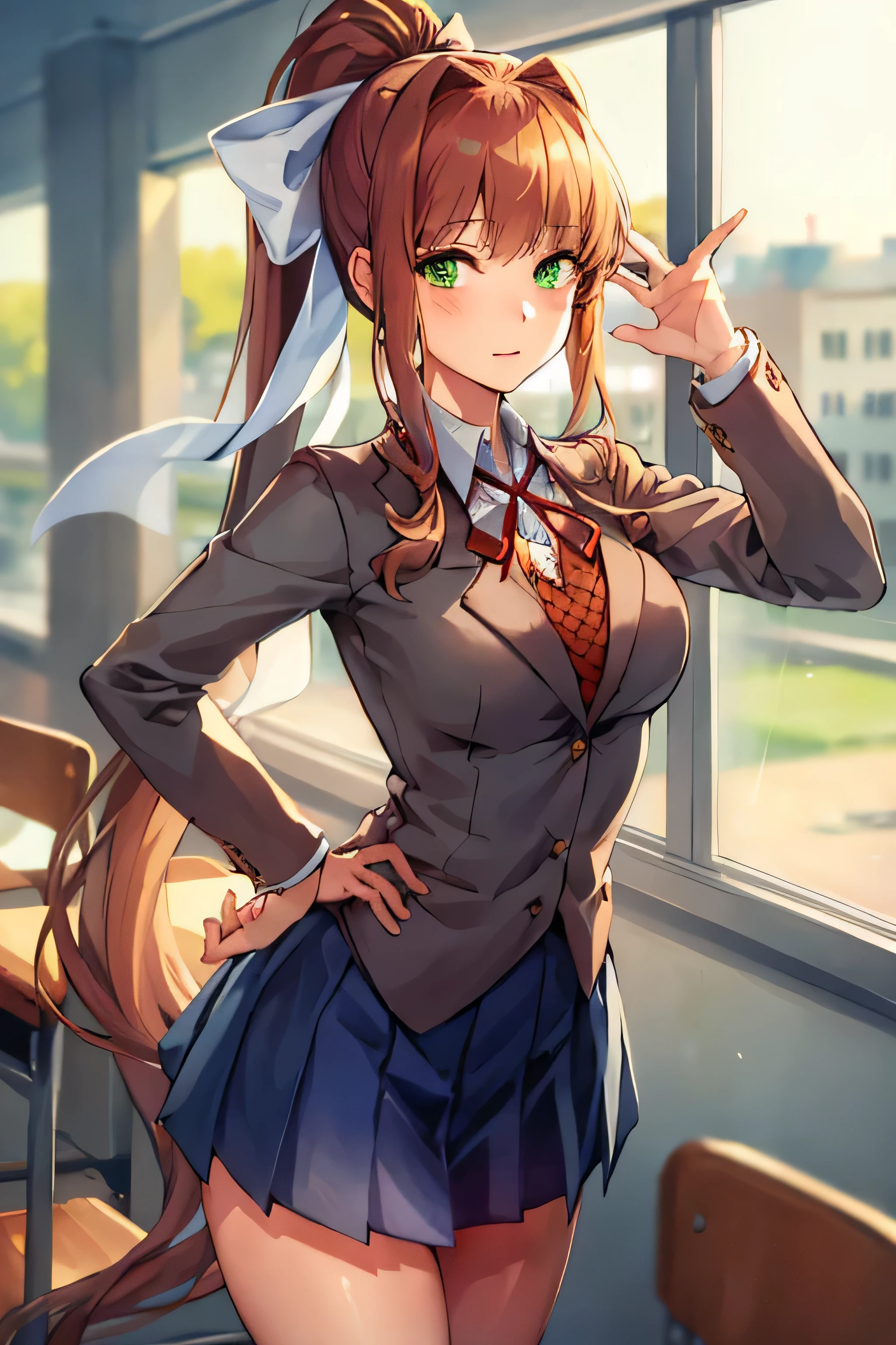 masterpiece, best quality, anime, highly detailed, 1girl, solo, school uniform, standing, classroom, monika, green eyes, brown hair, very long hair, ponytail, hair ribbon, white ribbon,