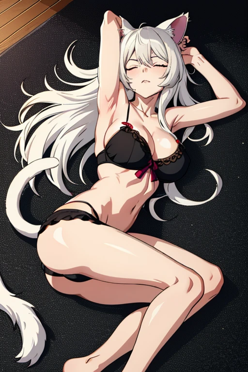 masterpiece, beautiful art, high resolution, best quality, 1 woman, solo,  Black Hanekawa, long white hair, black bra, black panties, cat ears, cat tail, alluring body, ryona, in peril, knocked out, unconscious, laying down on the floor, closed eyes, torn clothes, sexy defeated pose, full exposed body, jiggling breasts 