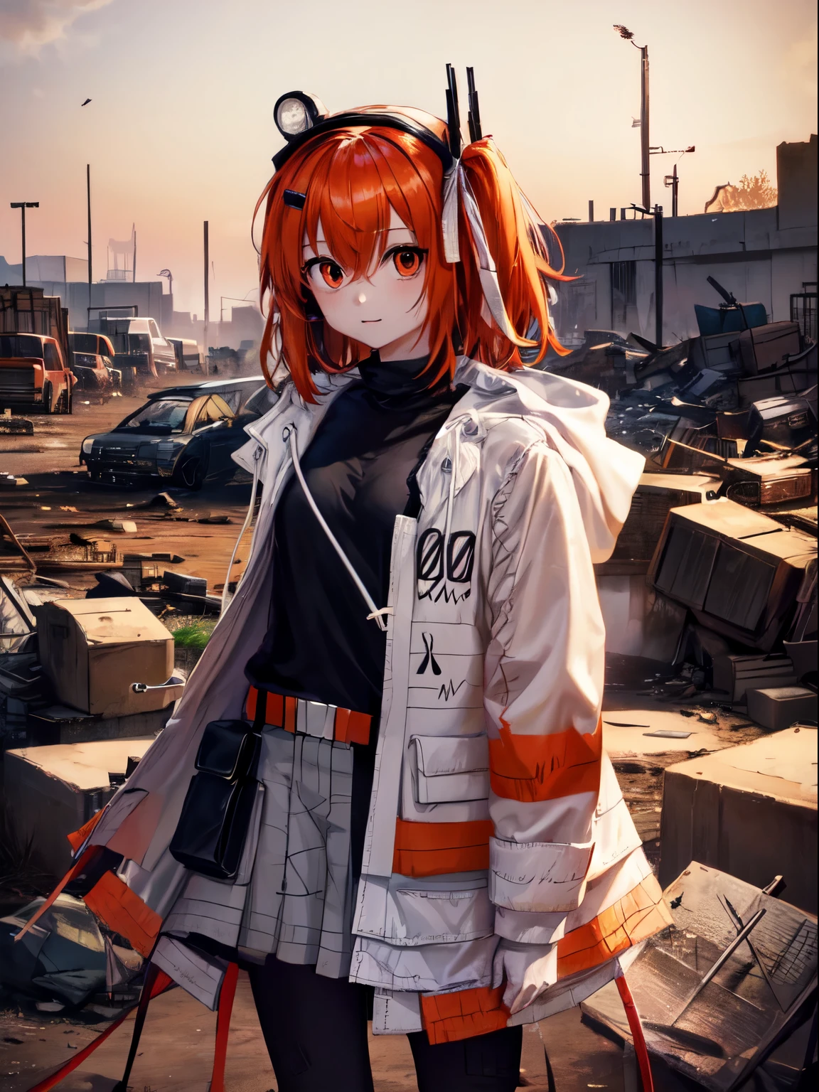 Rei Adachi,Wasteland background，ruins background，A girl wearing a cyberpunk outfit with orange and black accents， , Parka，黑色leggings，leggings，orange eyes，white gloves，灰色skirt，medium hair，jacket，black shirt，白色jacket，skirt，utility belt