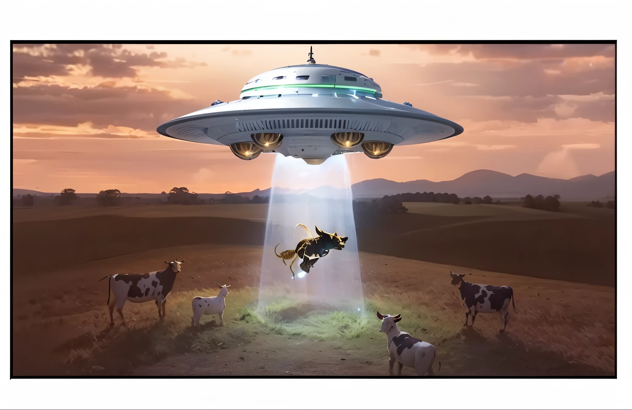 a cow is being beamed up to an alien flying saucer, 4 cows are looking up and watching, blue light coming from the flying saucer, setting is a grass covered field, low light, masterpiece, dramatic lighting,  mood is comedic, horror aesthetic, 