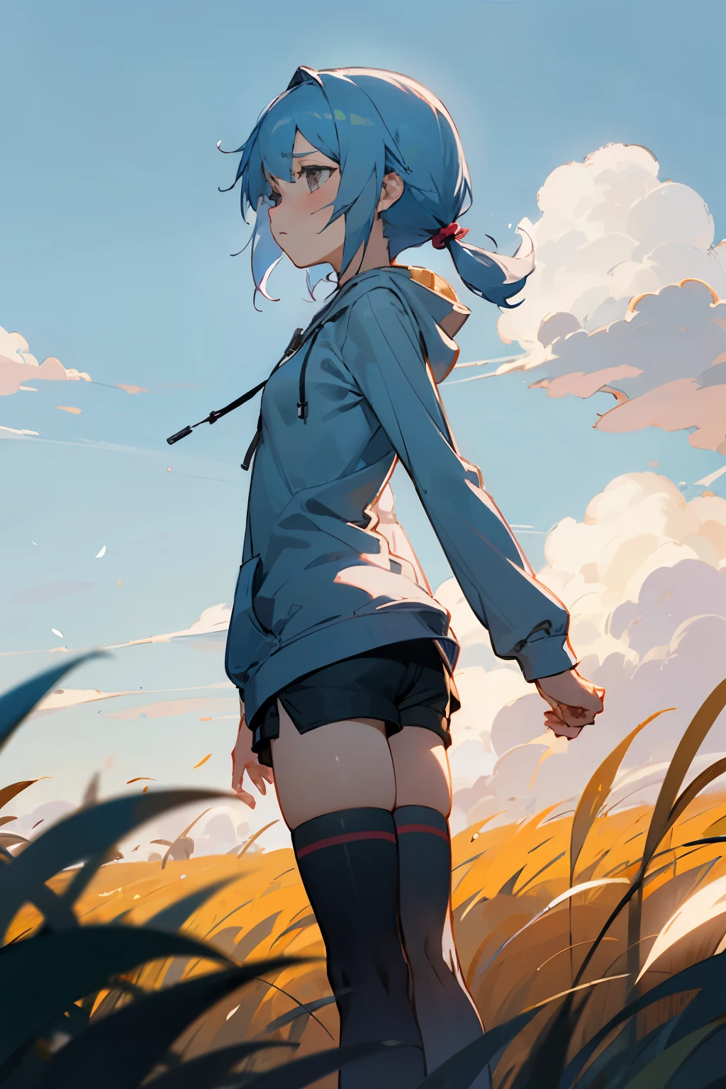 1 girl, short light blue hair with pigtails, gray light hoodie, black shorts, black thigh highs, small breast, small butt, sad and tired expresion, , outside, sunny field, anime clouds, half body, standing