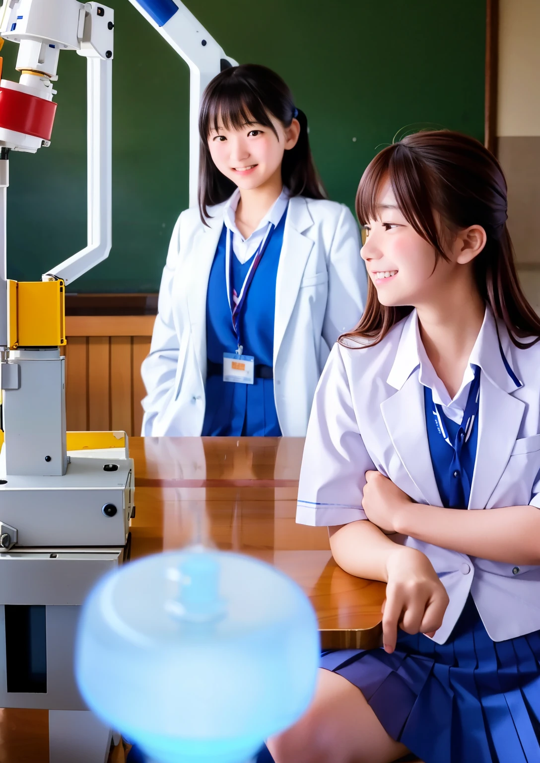 Wearing a white uniform,smile,There are two female students sitting at a table working on a project., year 3022, japanese high school, School classes, student, partially turned to the left, child, High quality film stills, using a robot arm, yukio - e, In the laboratory, dramatic shot, high school girl, advanced technology, concentrated shot, High resolution, wide shot, high school