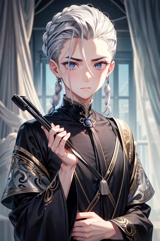 hair style with all hair slicked back、odd eye、odd eye、silver hair all back、male、hair is long to the shoulders、odd eye、maleの左目赤色、male右目青、increase wide angle、clear eyes、