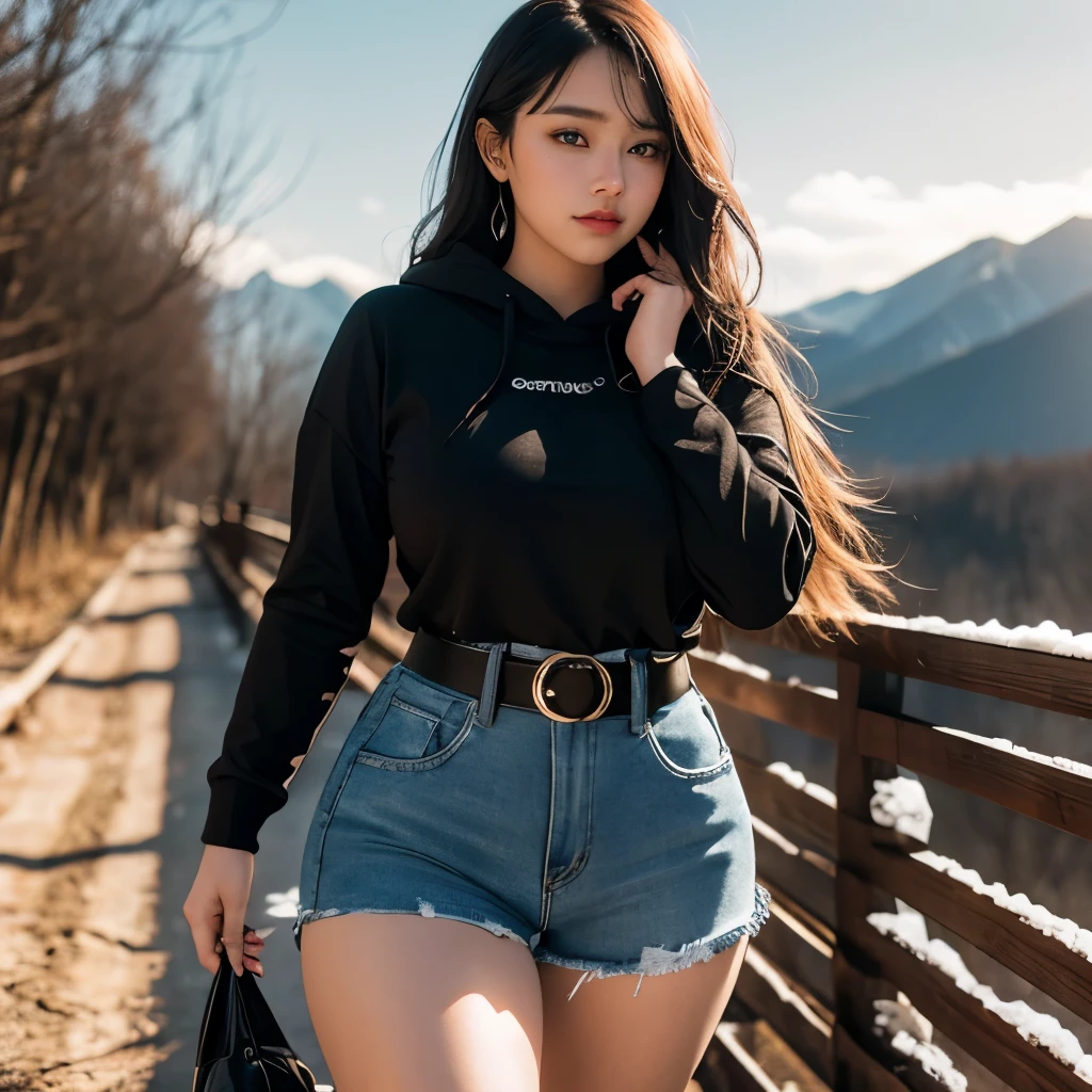 beautiful woman with , long hair, Bangs, French braid, The widest waist, well fitting breasts, Curvy booty, Bright Eyes, long eyelashes, Thick thighs, strong calf, A shy look, Tanya Yuyusregar, She was wearing a black hoodie, Ripped denim super short ripped shorts, belt, Hunched over the porch of a mountain cabin, Winter evening, Snowy Land, lifelike, masterpiece,Sun bokeh, Volumetric lighting, Winter seasonal atmosphere, Full body close-up from the front