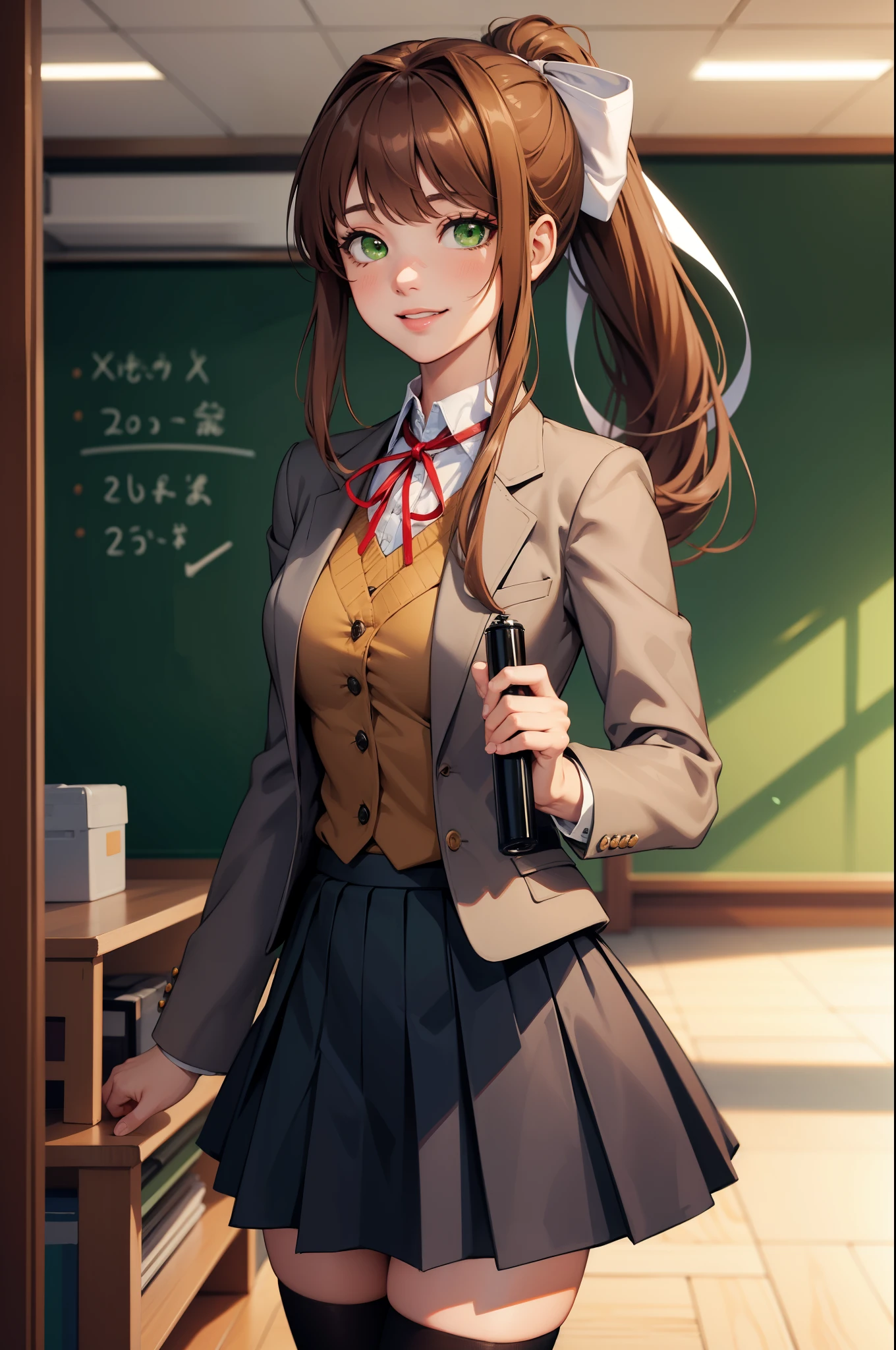 (masterpiece), best quality, expressive eyes, perfect face, highres, ddlcmonika, blunt bangs, brown hair, (green eyes:1.5), long hair, ponytail, ribbon, white ribbon, hair ribbon, sidelocks, black thighhighs, blue skirt, brown jacket, jacket, long sleeves, mary janes, over-kneehighs, pleated skirt, school uniform, shoes, skirt, thighhighs, zettai ryouiki, smiling, indoors, classroom background, leaning forward, standing, upper body portrait, looking at the viewer