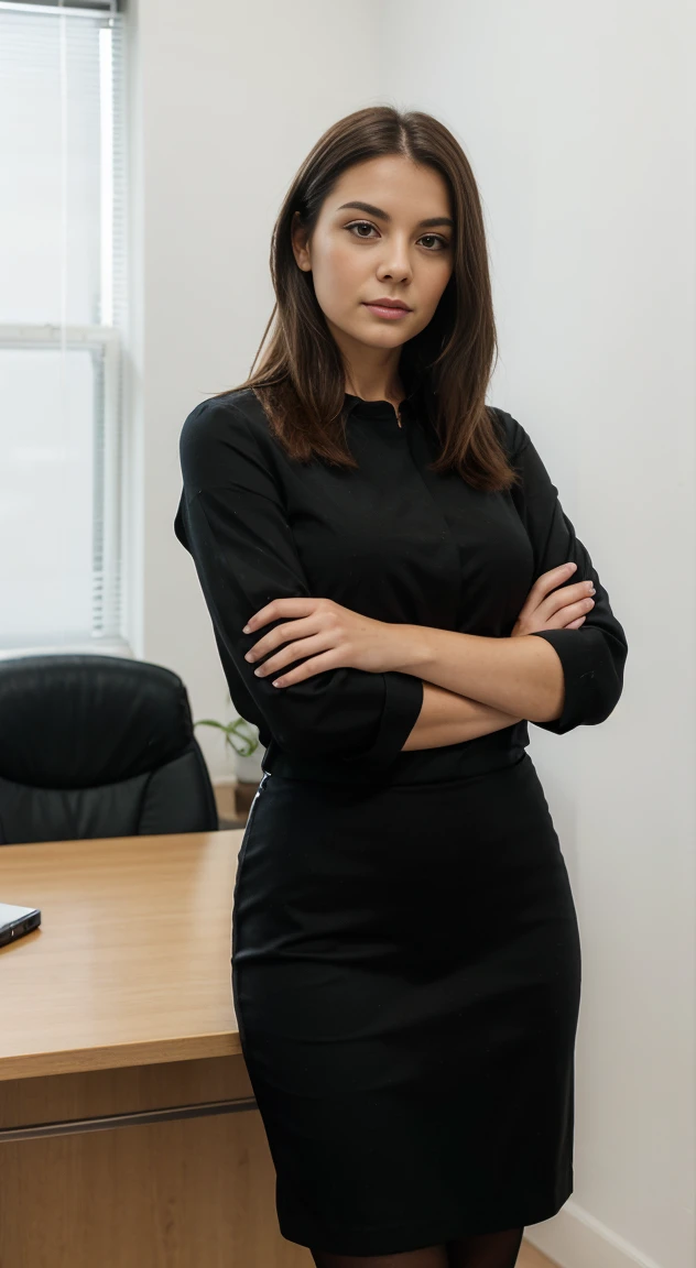 Headshot photo of a white woman with long black on a office outfit