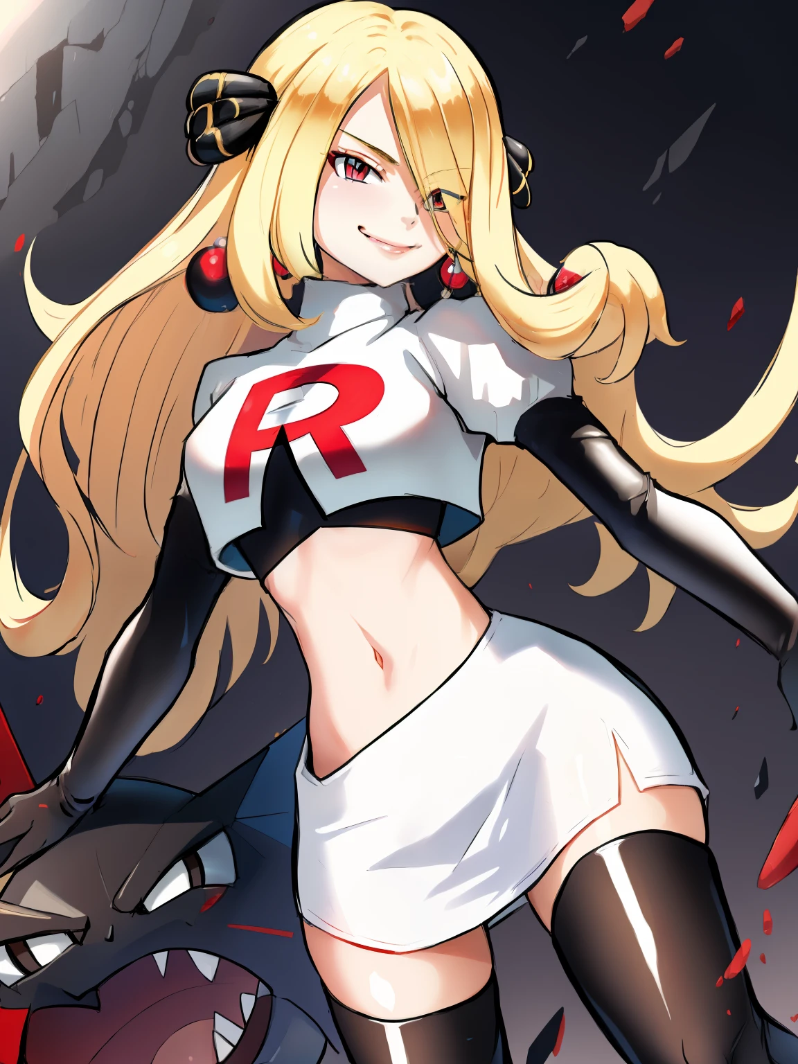 cynthia (pokemon), 1girl, solo ,blonde hair, hair covering one eye, hair ornament ,glossy lips, earings ,team rocket uniform, red letter R, white skirt,white crop top,black thigh-high boots, black elbow gloves, closed mouth, evil smile, 