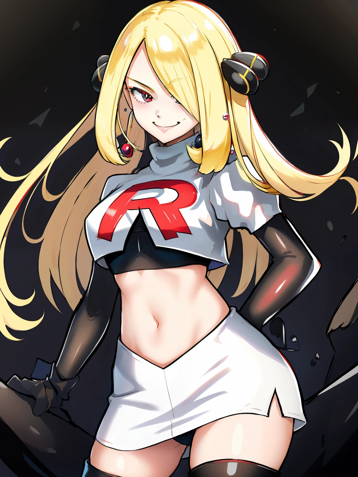 cynthia (pokemon), 1girl, solo ,blonde hair, hair covering one eye, hair ornament ,glossy lips, earings ,team rocket uniform, red letter R, white skirt,white crop top,black thigh-high boots, black elbow gloves, closed mouth, evil smile,