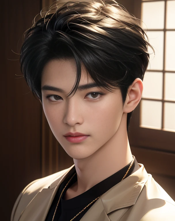 High quality, masterpiece, highly detailed, 8k, perfect face, perfect body, realistic, photogenic, man, Asian, young, black hair, comma hair cut style, handsome, detailed eyes, beautiful detailed nose, realistic body, realistic light, comfortable expressions, cute guy, sweat guy, cool guy, sexy full body, golden ratio figure