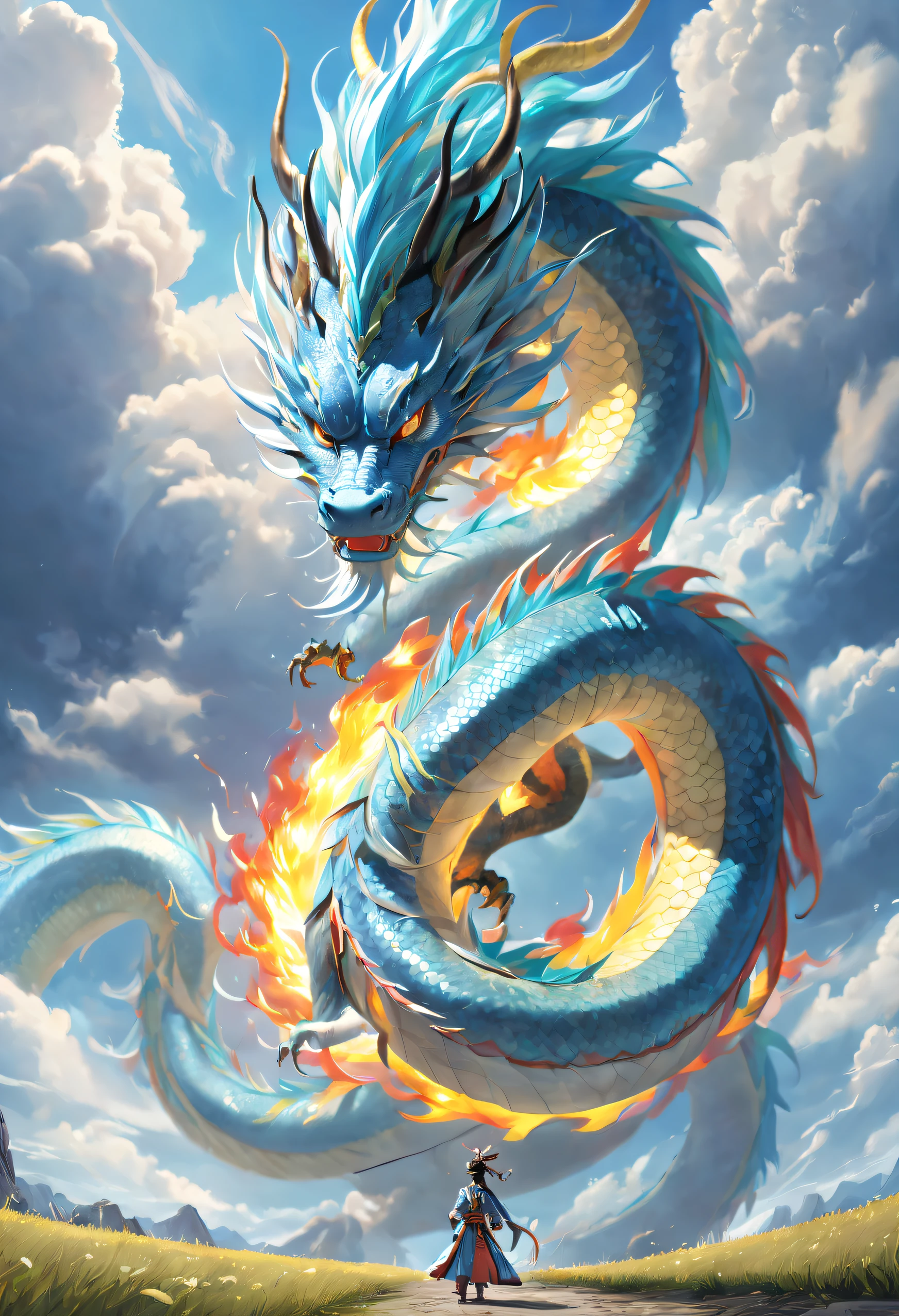 (The main subject: Wide-angle lens), The flame is light blue,[colorful,(Chinese dragon anthropomorphism)], safe,dramatic clouds,(Go deep into the fields), Rich details​, (vast sky), (sense of vastness),Energy and vitality, intricate details.(best quality, high resolution, masterpiece:1.2), (actual:1.37), high dynamic range。