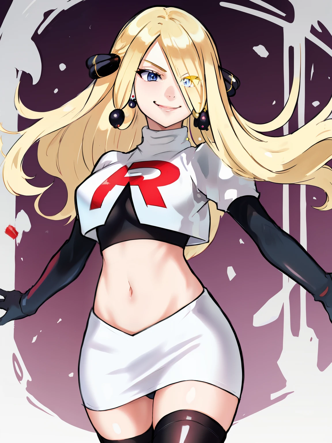 cynthia (pokemon), 1girl, solo ,blonde hair, blue eyes ,hair covering one eye, hair ornament ,glossy lips, earings ,team rocket uniform, red letter R, white skirt,white crop top,black thigh-high boots, black elbow gloves, closed mouth, evil smile, 