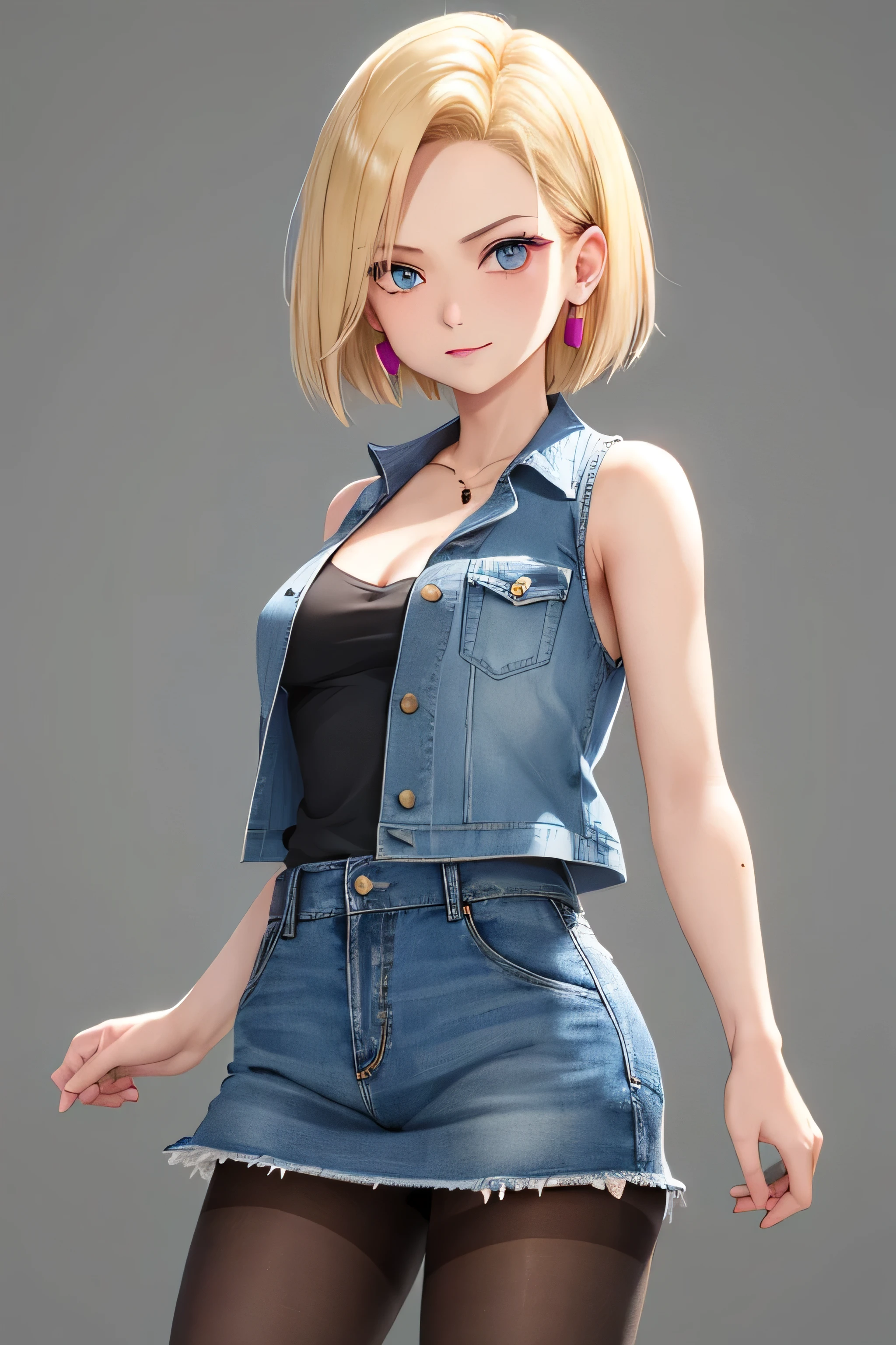 best quality, highres, and18, 1girl, android 18, solo, blonde hair, blue eyes, short hair, earrings, jewelry, denim vest, open vest, black pantyhose, black shirt, denim skirt, striped long sleeves, blue skirt, medium breasts, cowboy shot, street, off-the-shoulder, Strapless,