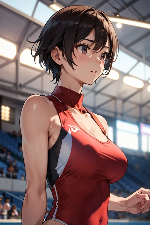 track and field athlete、short-range、arena、athlete、beautiful mature woman、Upper body、meaty、Glamour、breast enhancement、