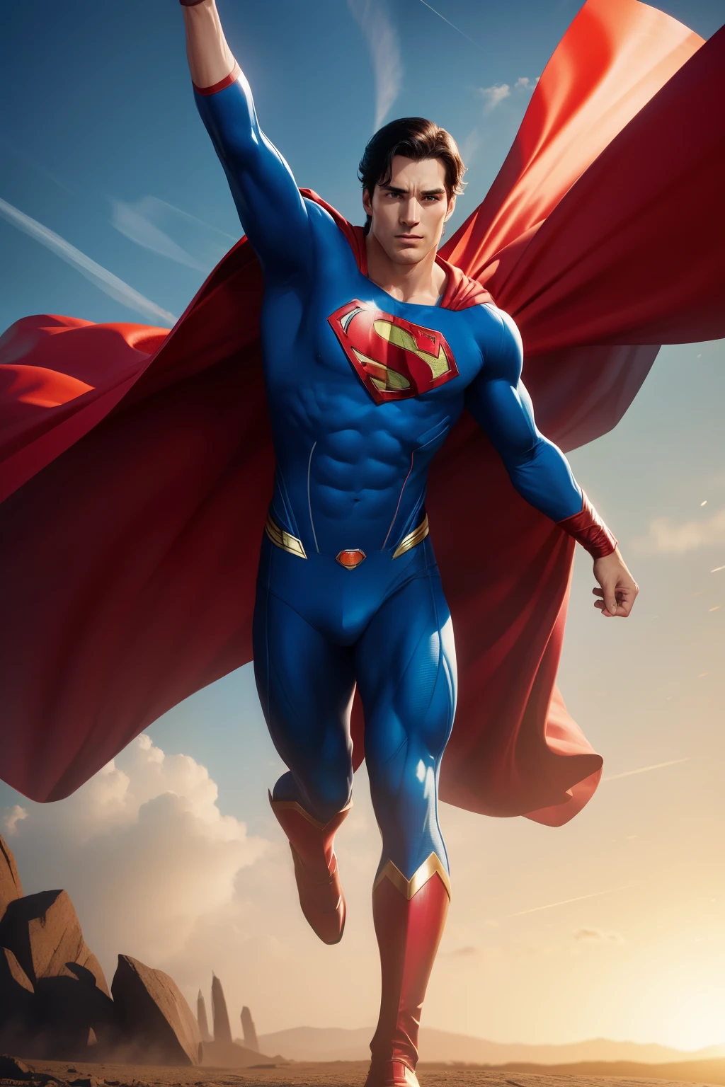 Superman, (1 hero), (3D model with super realism), in focus, photo, (photorealistic), (full body shot), wide angle, face in frame, eye contact, iconic pose, red and blue suit, muscular build, chiseled jawline, beautiful complexion, detailed muscles, blemish-free skin, HDR, 4K, best quality, detailed, hyper-realistic, cinematic, highly defined, sharp edges, shimmering S-shield, flying pose, cape flowing in the wind.