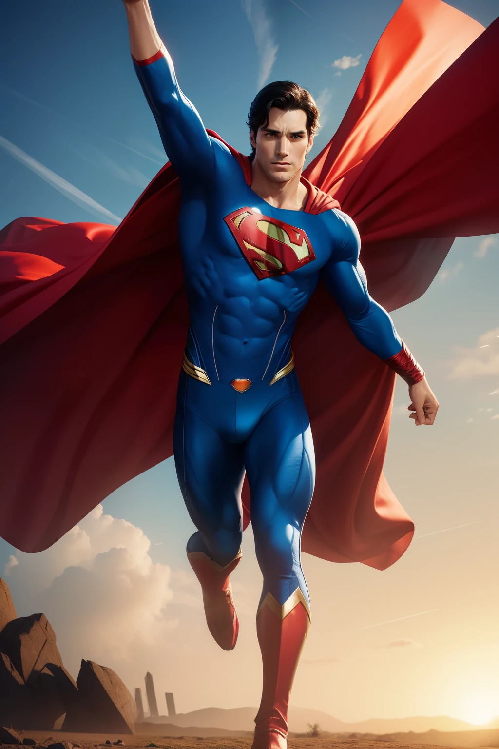 Superman, (1 hero), (3D model with super realism), in focus, photo, (photorealistic), (full body shot), wide angle, face in frame, eye contact, iconic pose, red and blue suit, muscular build, chiseled jawline, beautiful complexion, detailed muscles, blemish-free skin, HDR, 4K, best quality, detailed, hyper-realistic, cinematic, highly defined, sharp edges, shimmering S-shield, flying pose, cape flowing in the wind.