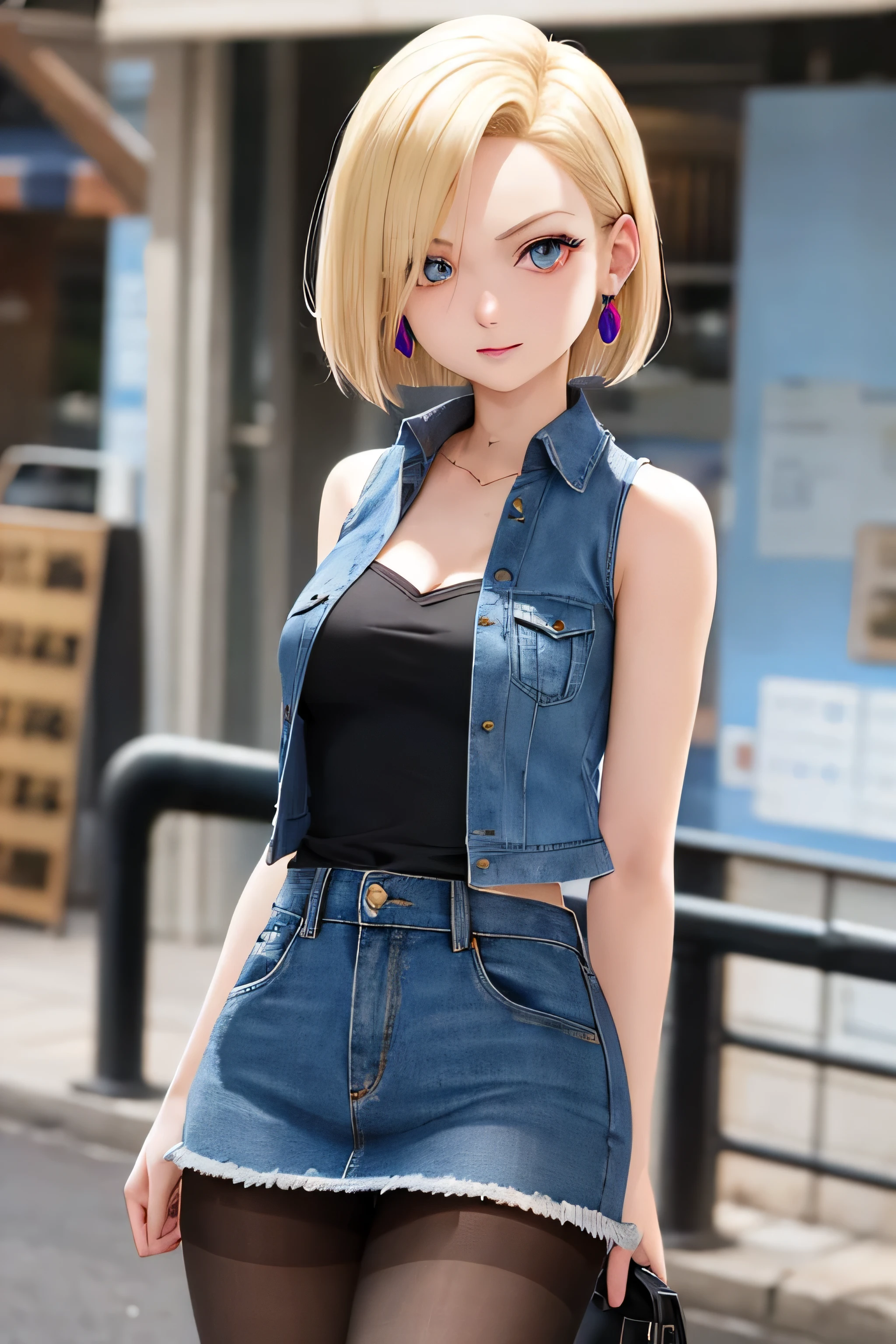 best quality, highres, and18, 1girl, android 18, solo, blonde hair, blue eyes, short hair, earrings, jewelry, denim vest, open vest, black pantyhose, black shirt, denim skirt, striped long sleeves, blue skirt, medium breasts, cowboy shot, street, off-the-shoulder, Strapless,