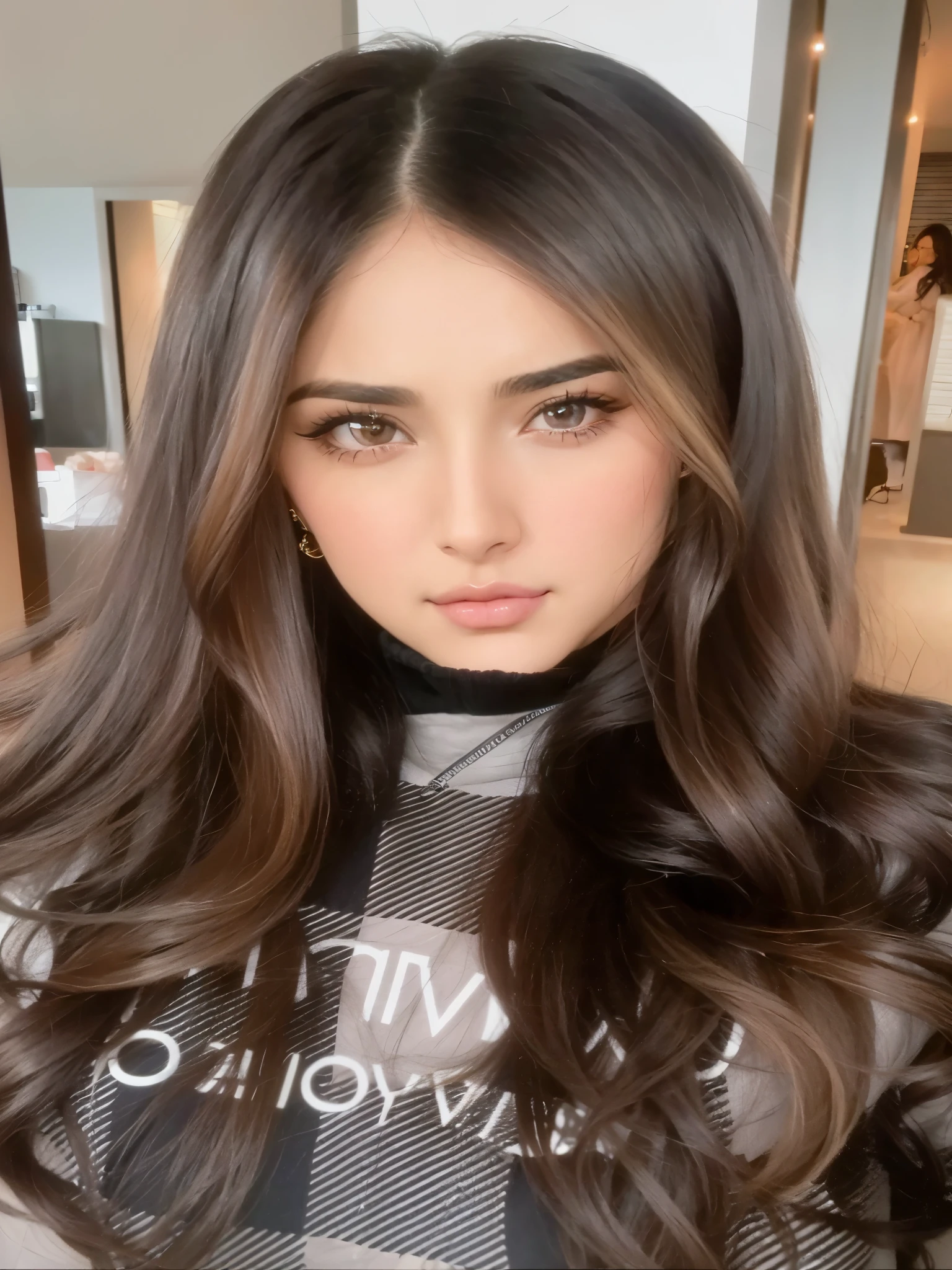 un primer plano de una mujer con cabello largo y una camisa blanca y negra, olivia culpo, center parted flequillo de cortina, violeta myers, flequillo de cortina, Lucy Hale, se parece a laura barriales, cristina kritkou, by Robbie Trevino, brunette with dyed blonde hair, hermosa cara latina, julia sarda, Salma Hayek, blanca alvarez