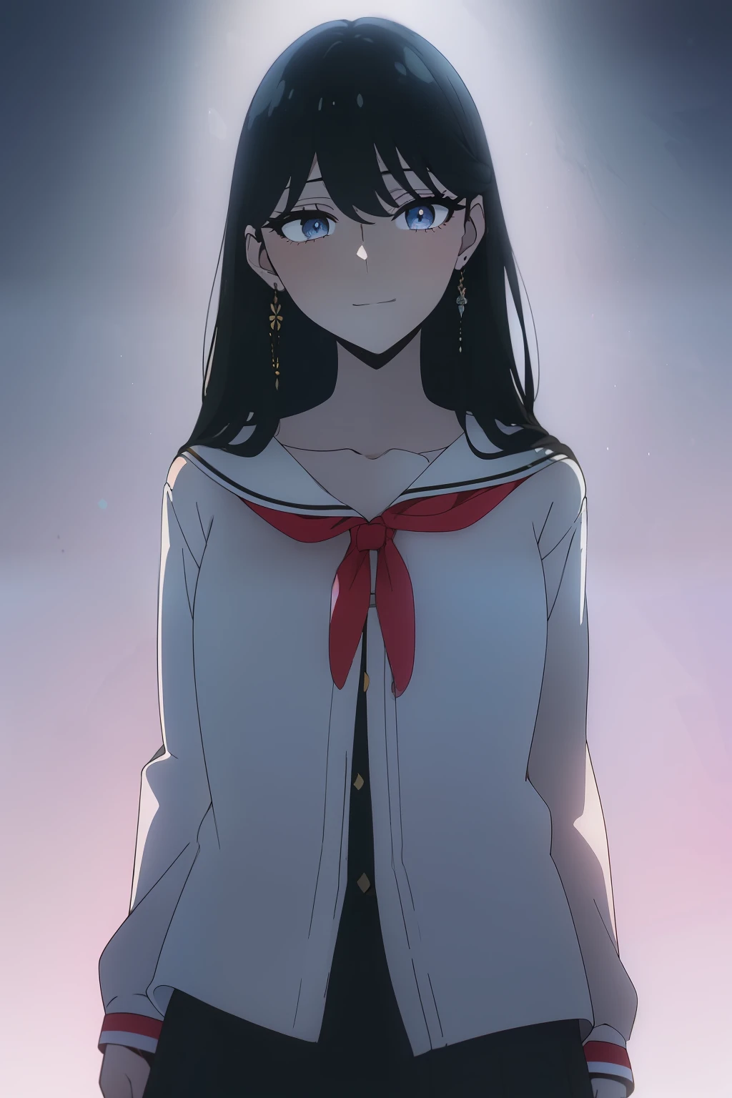 (Obra maestra, La mejor calidad, ultrahigh resolution), 1girl, standing, school uniform, white office shirt, black pleated skirt, ((light brown, light brown hair:0.7), long hair cut, pale skin, ((blue eyes)), glowing_eyes, neon eyes, (ultra detailed eyes, beautiful and detailed face, detailed eyes), ((centered)), smile, ((wide shot)), facing viewer, eye level, (blurry background, bright snowy background, winter), flat chested, looking at viewer, ((half closed eyes)), ((perfect hands)), (((head, arms, hips, elbows, in view))), ((hands behind back)), empty eyes, beautiful lighting, outside, outdoors, background, defined subject, 25 years old, (head tilt)