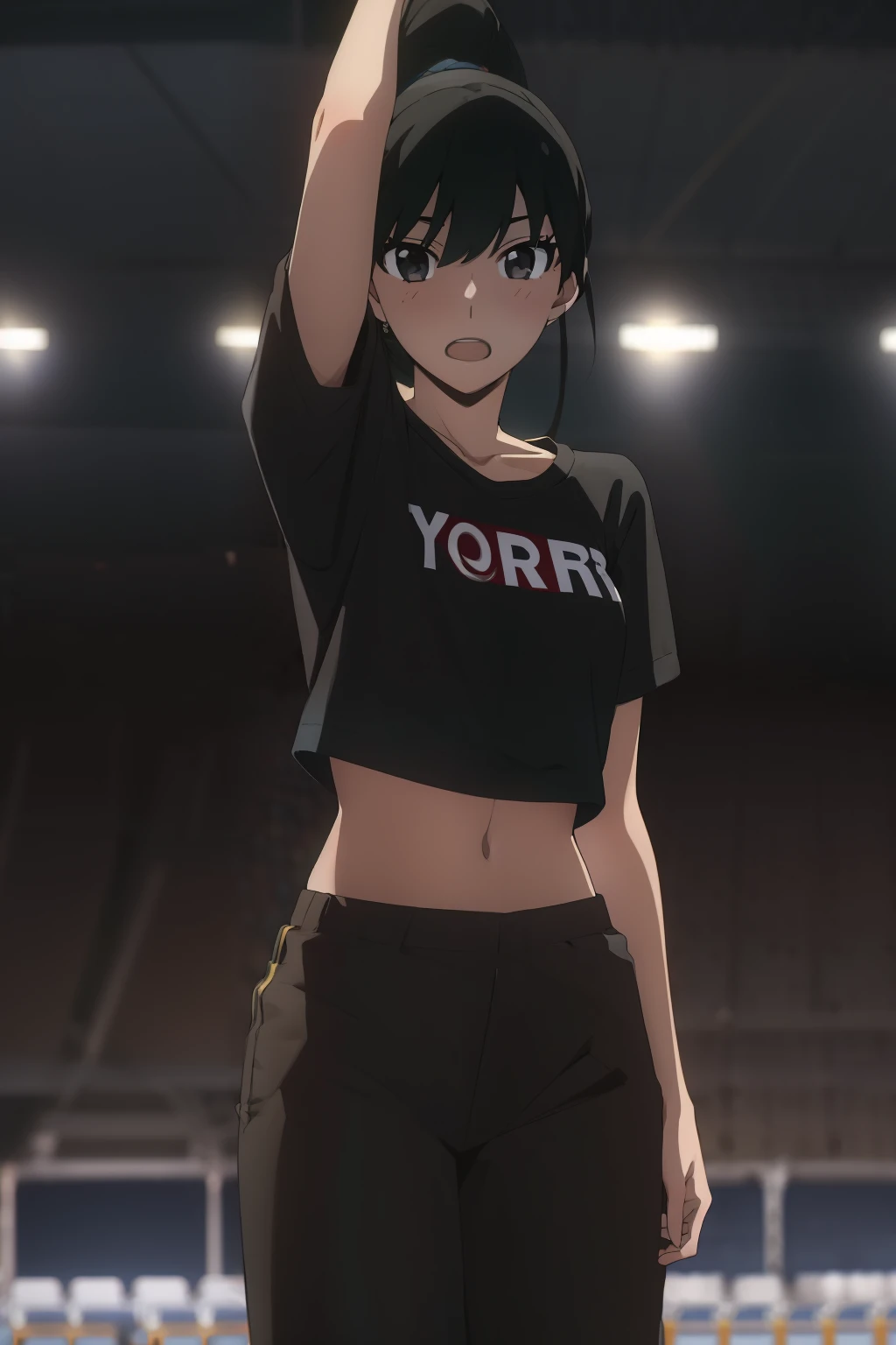 yor briar, 1girl, (((masterpiece))), 1girl, solo, long hair, open mouth, black hair, standing, ponytail, pants, black eyes, blue shirt, sportswear, arms at sides, hair pulled back, crowd, stadium,