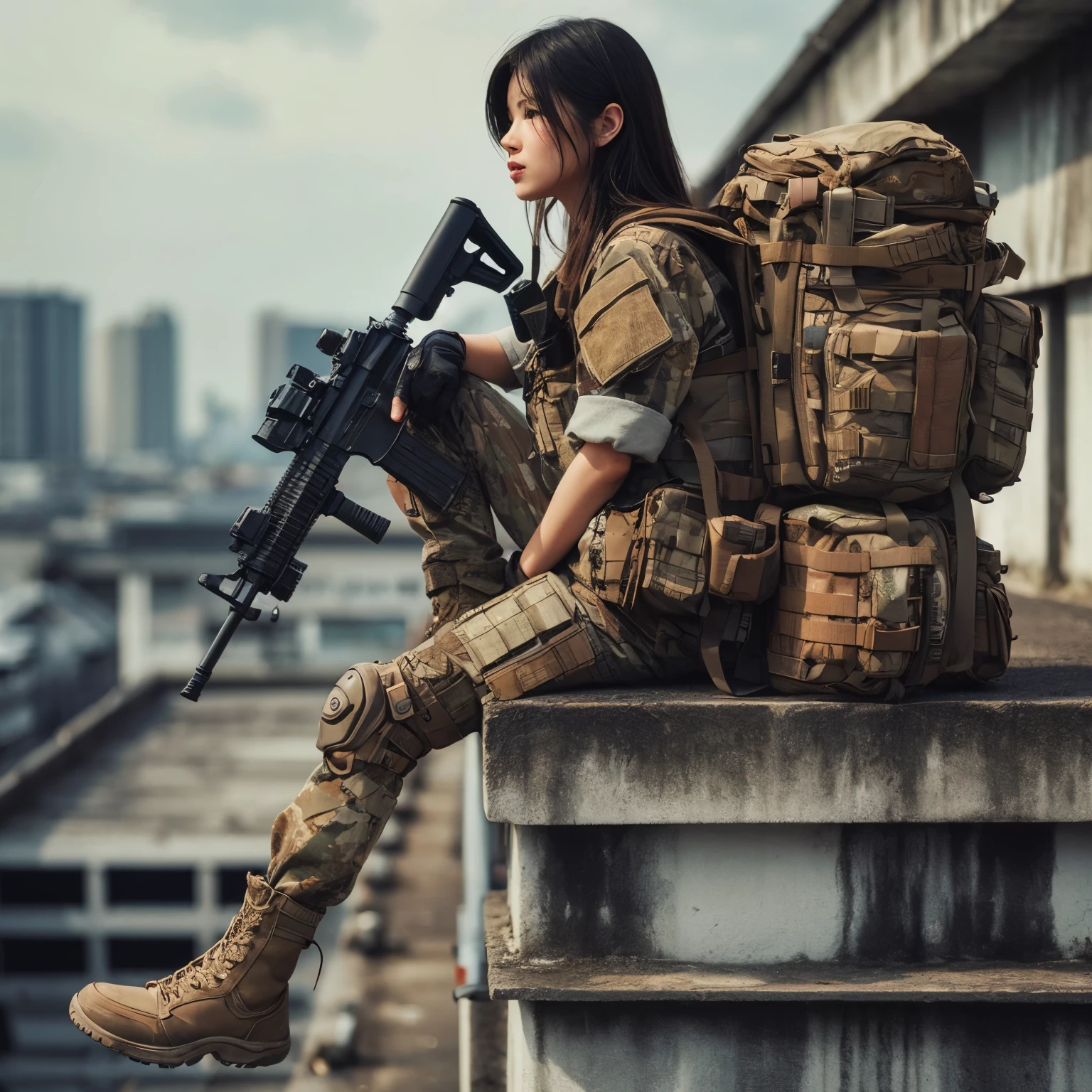 photorealistic、realistic skin texture、automatic rifle、