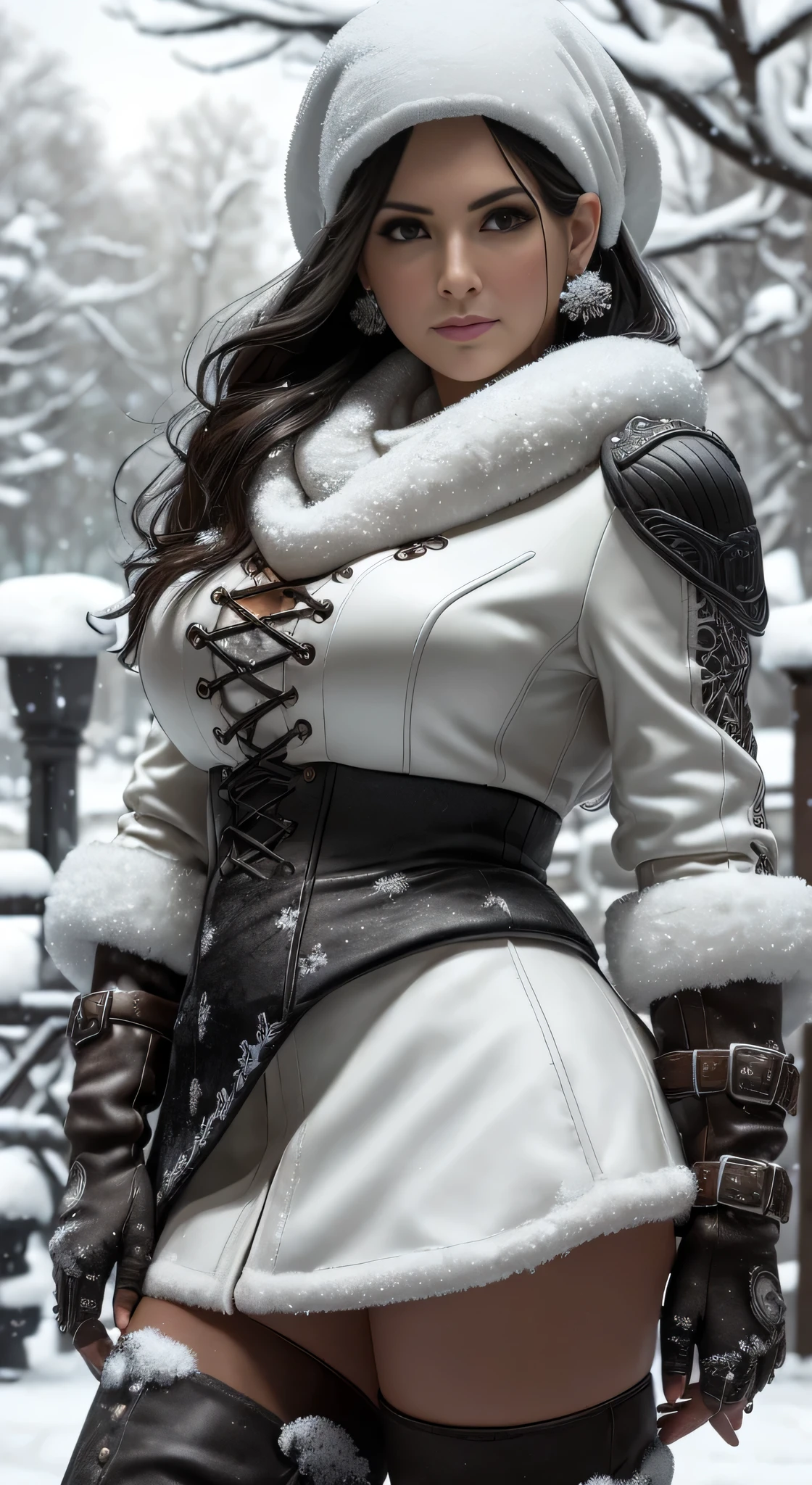 masterpiece, highest quality, RAW, analog style, a stunning photo of a (Isabela), (white jacket), (black mini skirt), (black thigh high warm boots on heels), scarf, gloves, (makes a snowball), (in the park), (winter), (highly detailed skin, skin details), full body view, sharp focus, 8k UHD, DSLR, high quality, film grain, Fujifilm XT3, frowning, intricately detailed, highly detailed, cluttered and detailed background