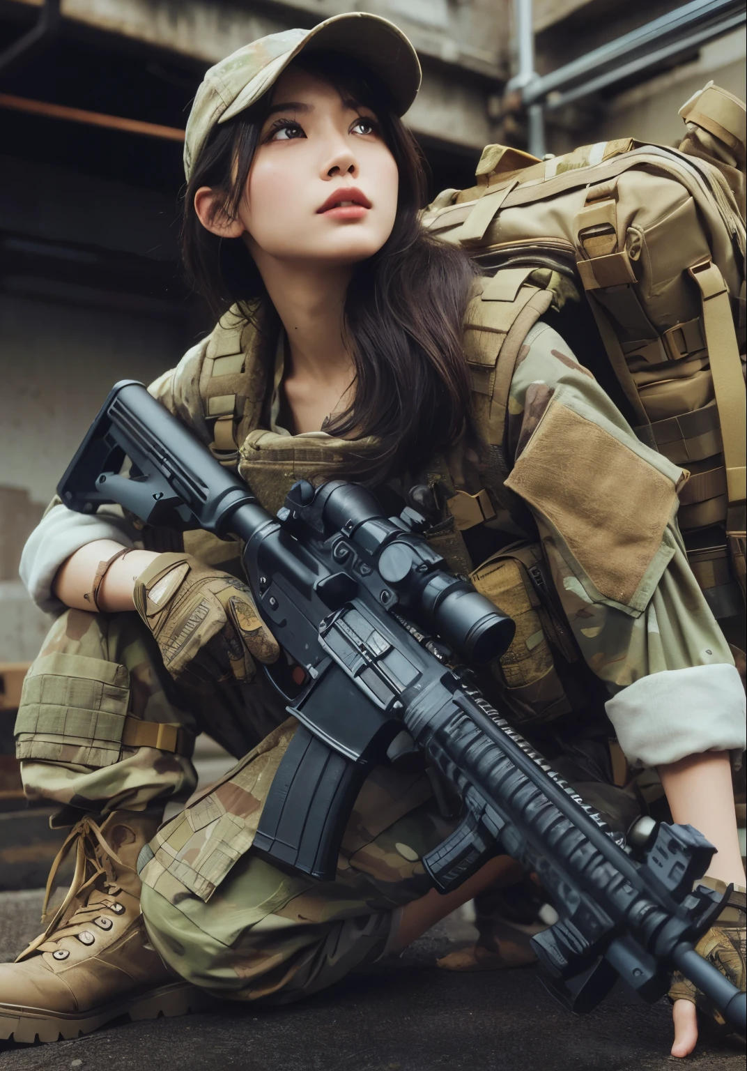 photorealistic、realistic skin texture、automatic rifle、